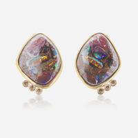 A Pair of 14K Rose Gold, Opal, and Diamond Earrings