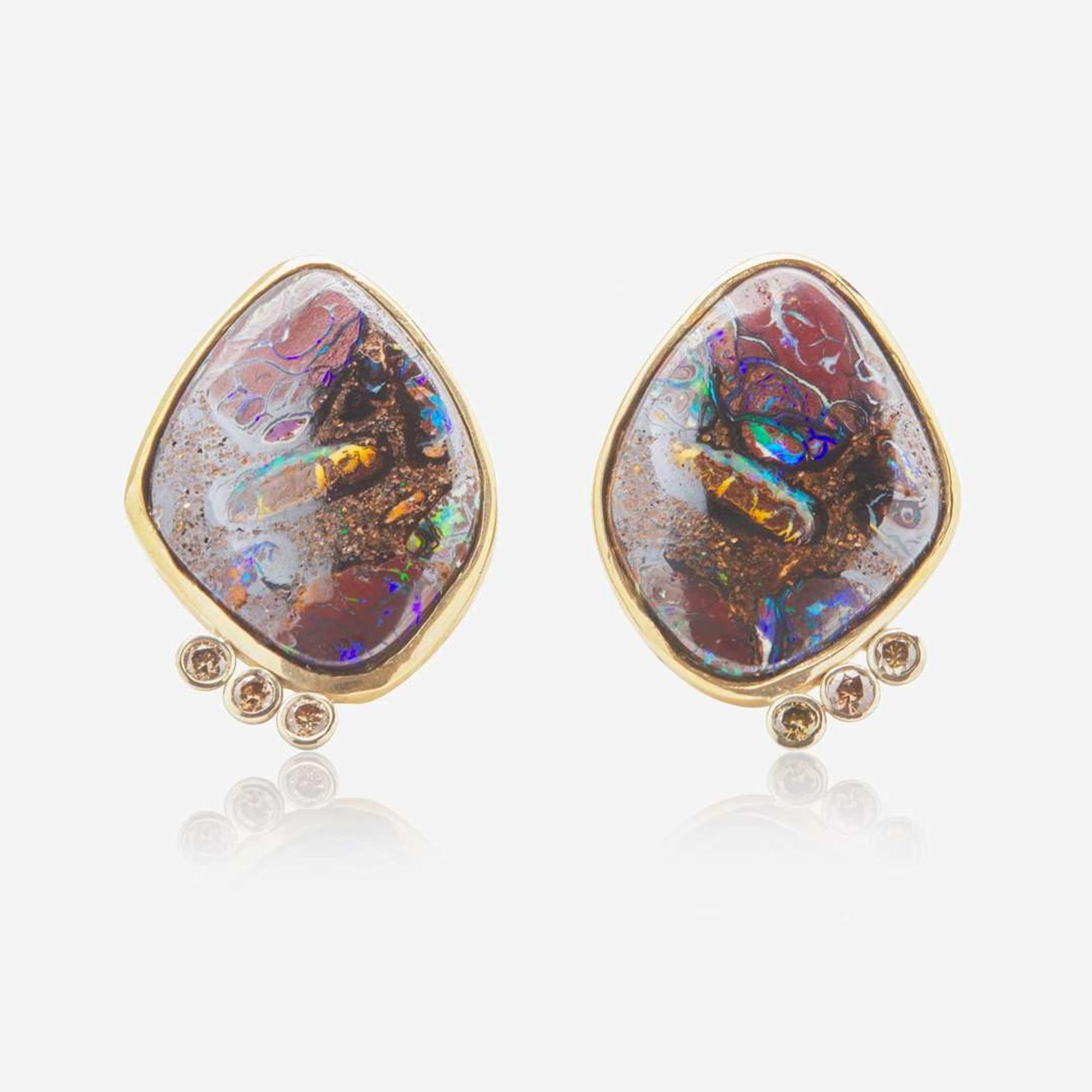 A Pair of 14K Rose Gold, Opal, and Diamond Earrings