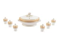 [LINCOLN, Mary Todd (1818-1882)]. A Limoges porcelain buff-ground tureen and cover together with 6 matching pots de crème with covers, purportedly purchased by Mary Todd Lincoln. France, ca. 1865.