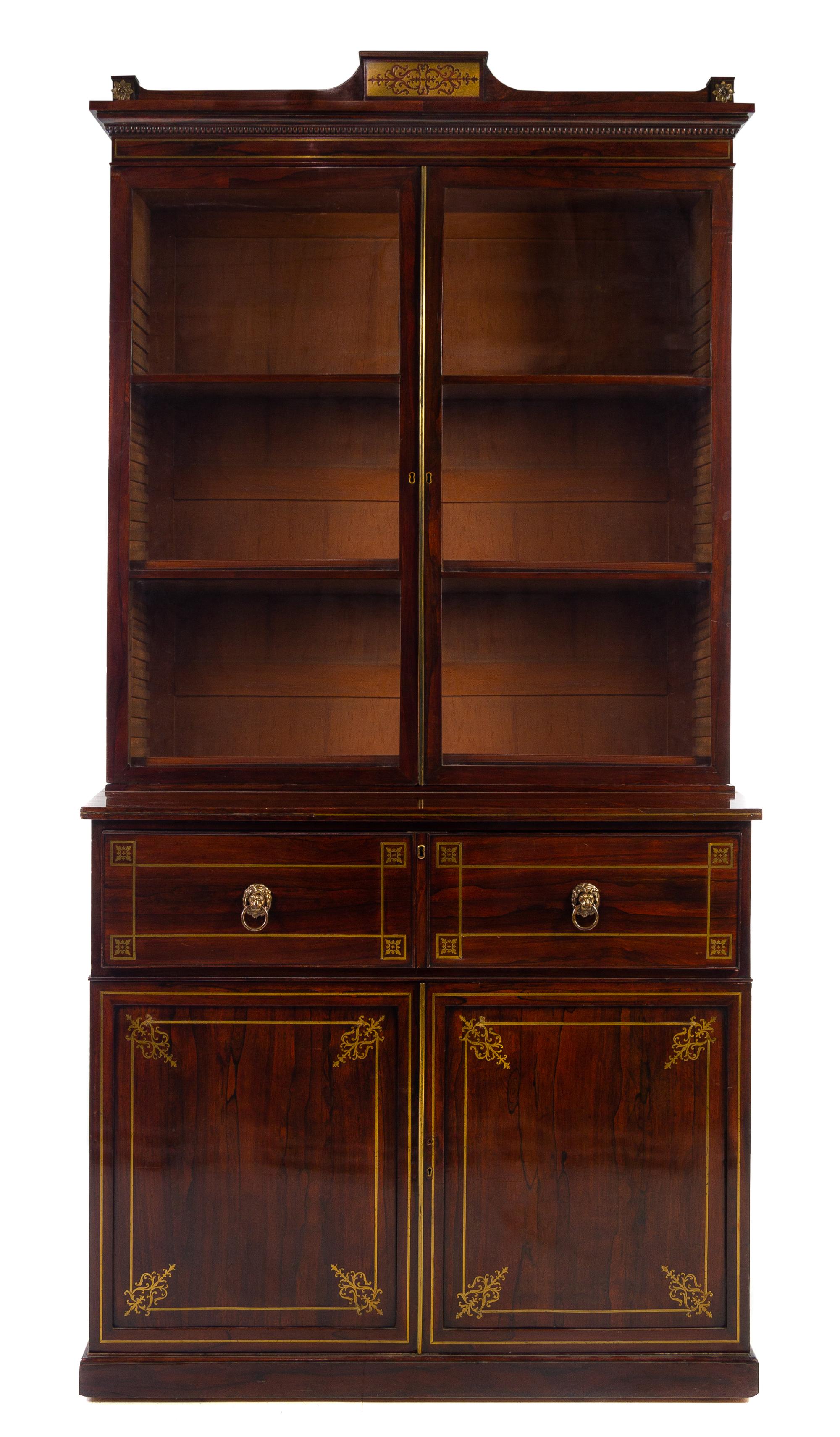 A Regency Brass Inlaid Rosewood Secretary Bookcase Height 95 3/8 x width 47 x depth 21 1/2 inches. — 19TH CENTURY