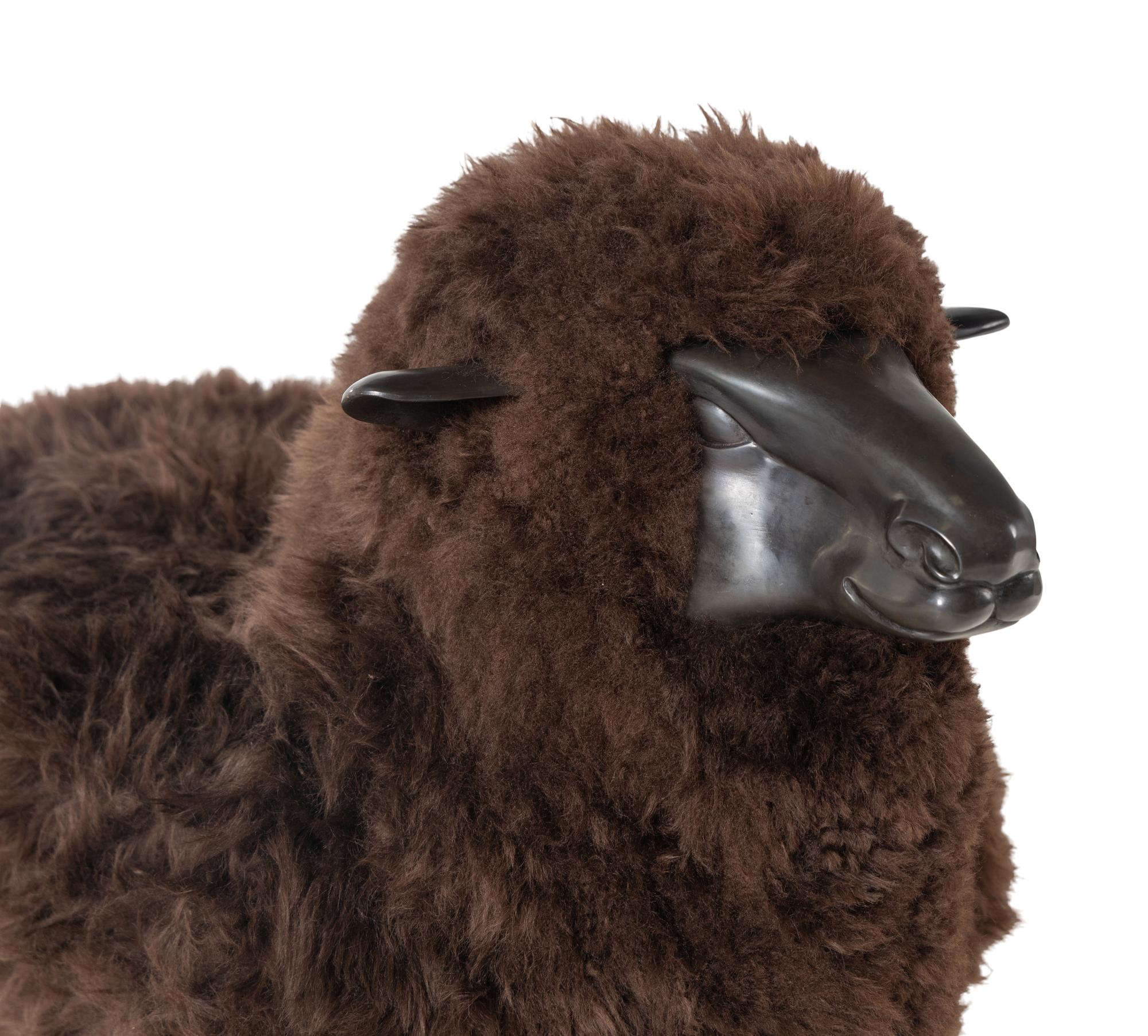 A Polished Cast Metal and Wool Model of a Sheep