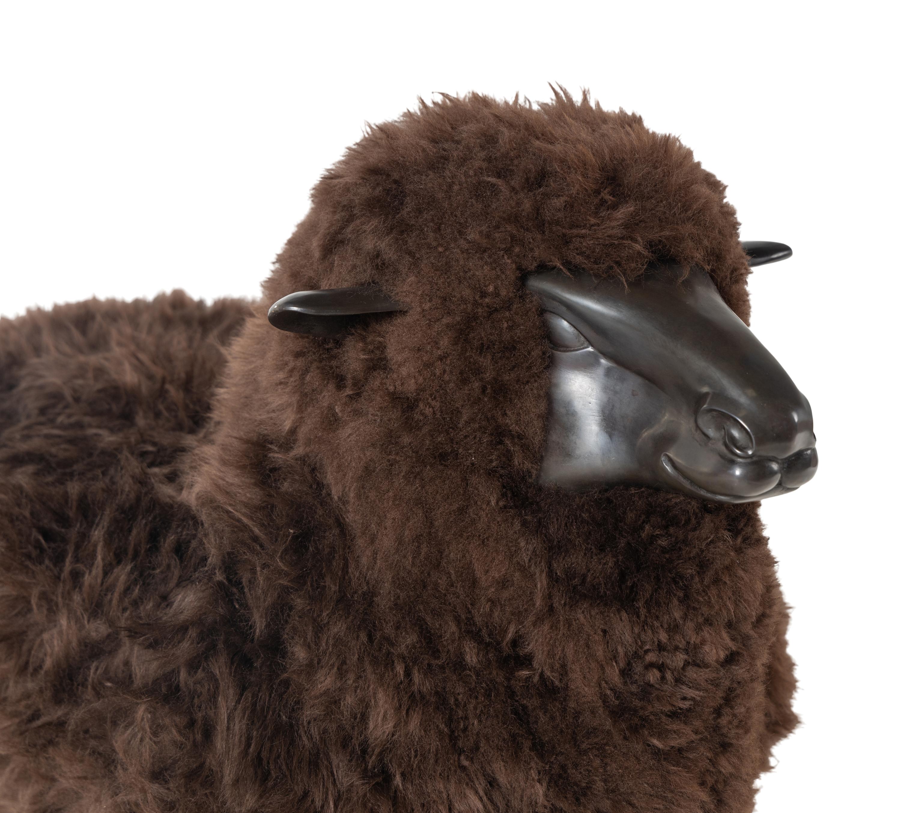 A Polished Cast Metal and Wool Model of a Sheep