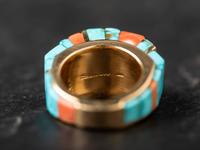 18K Gold Ring, with Red Mountain Turquoise and Japanese Coral Height Inlay