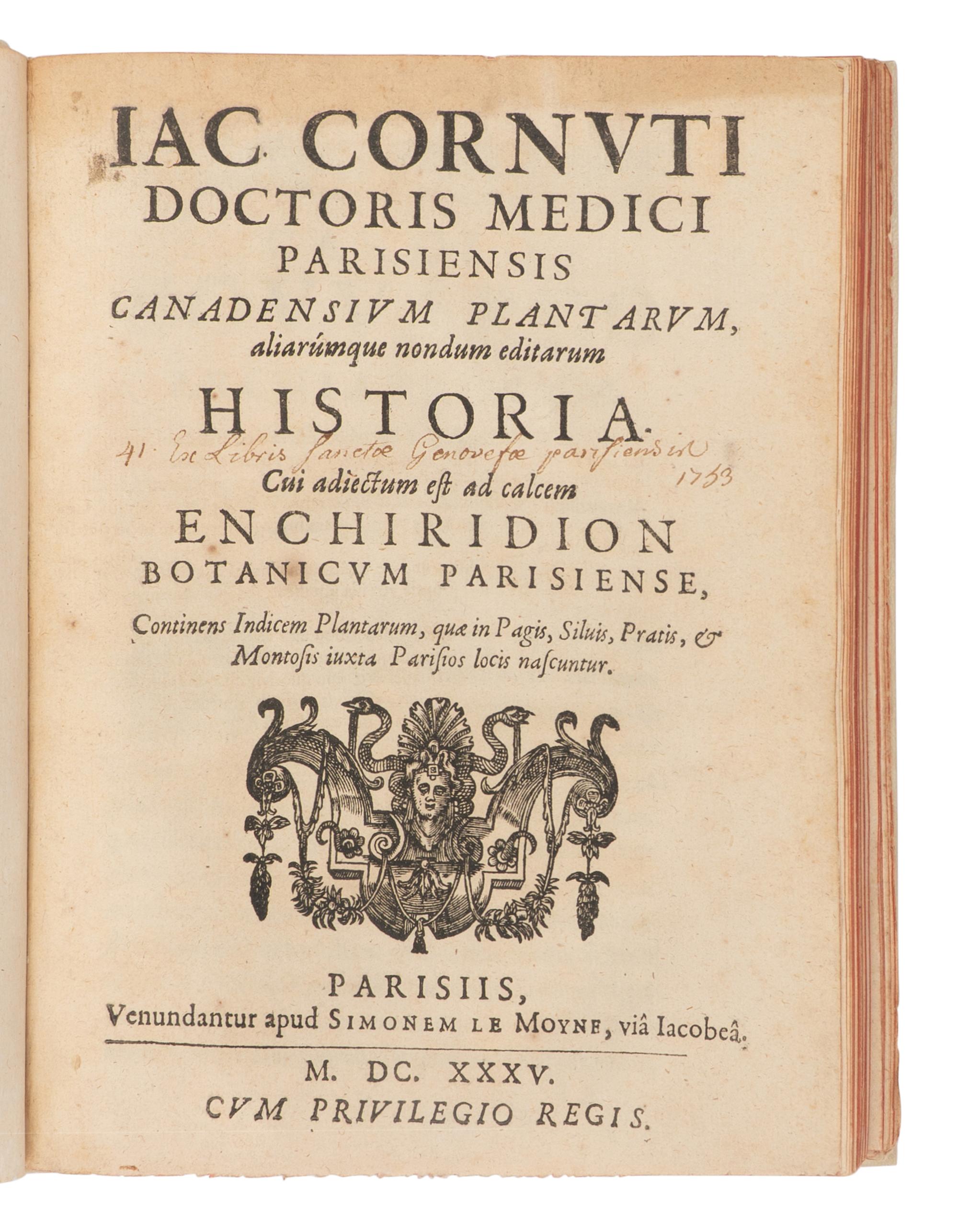 CORNUT, Jacques-Philippe (1606-1651). Canadensium Plantarum Historia Enchiridion Botanicum . Paris: Simonem Le Moyne, 1635.
