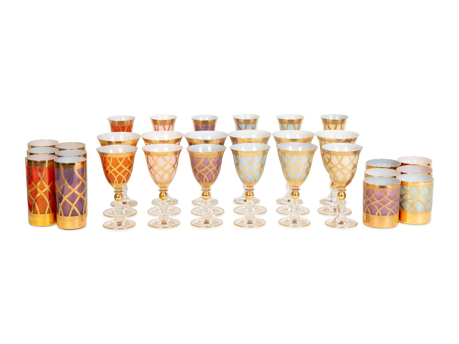 A Set of Polychrome Cased Glass Stemware