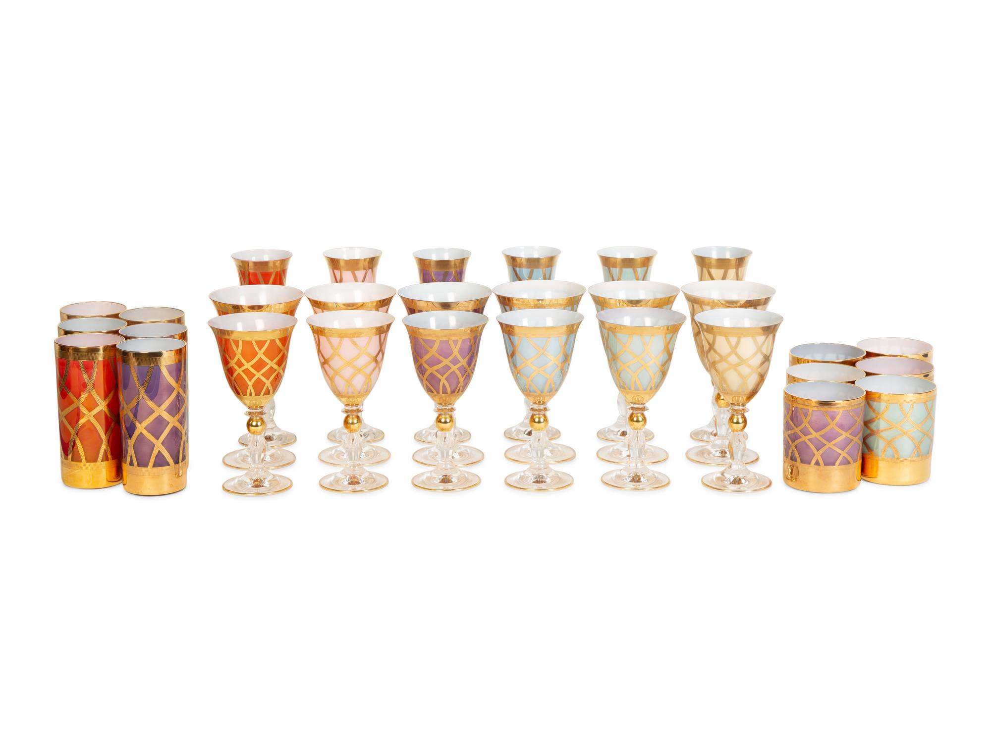 A Set of Polychrome Cased Glass Stemware