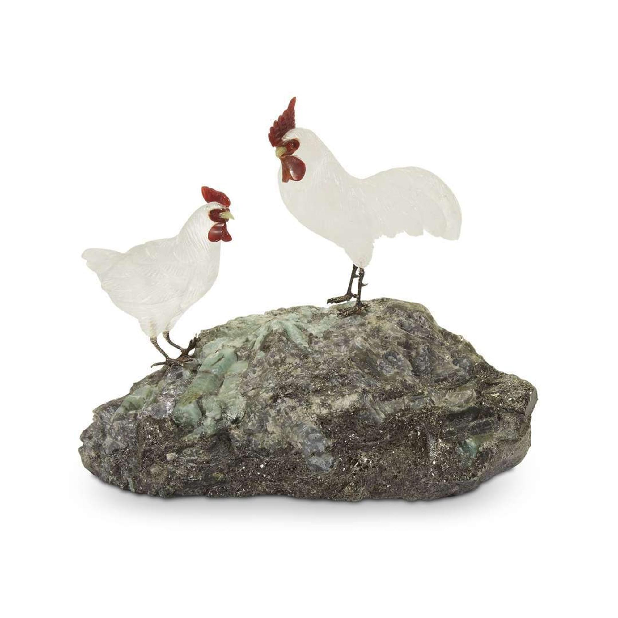 A semiprecious hardstone group of roosters apparently unmarked, 20th century