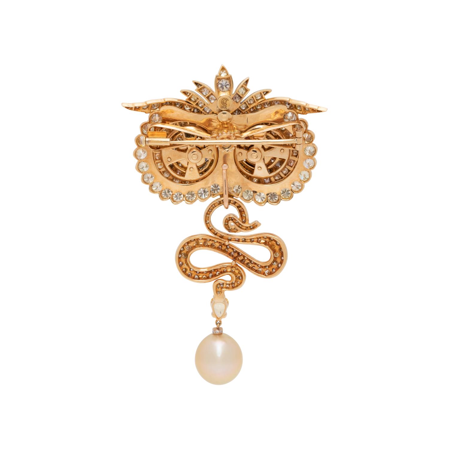 EVELYN CLOTHIER, CONVERTIBLE COLORED DIAMOND, SAPPHIRE AND CULTURED PEARL PENDANT/BROOCH