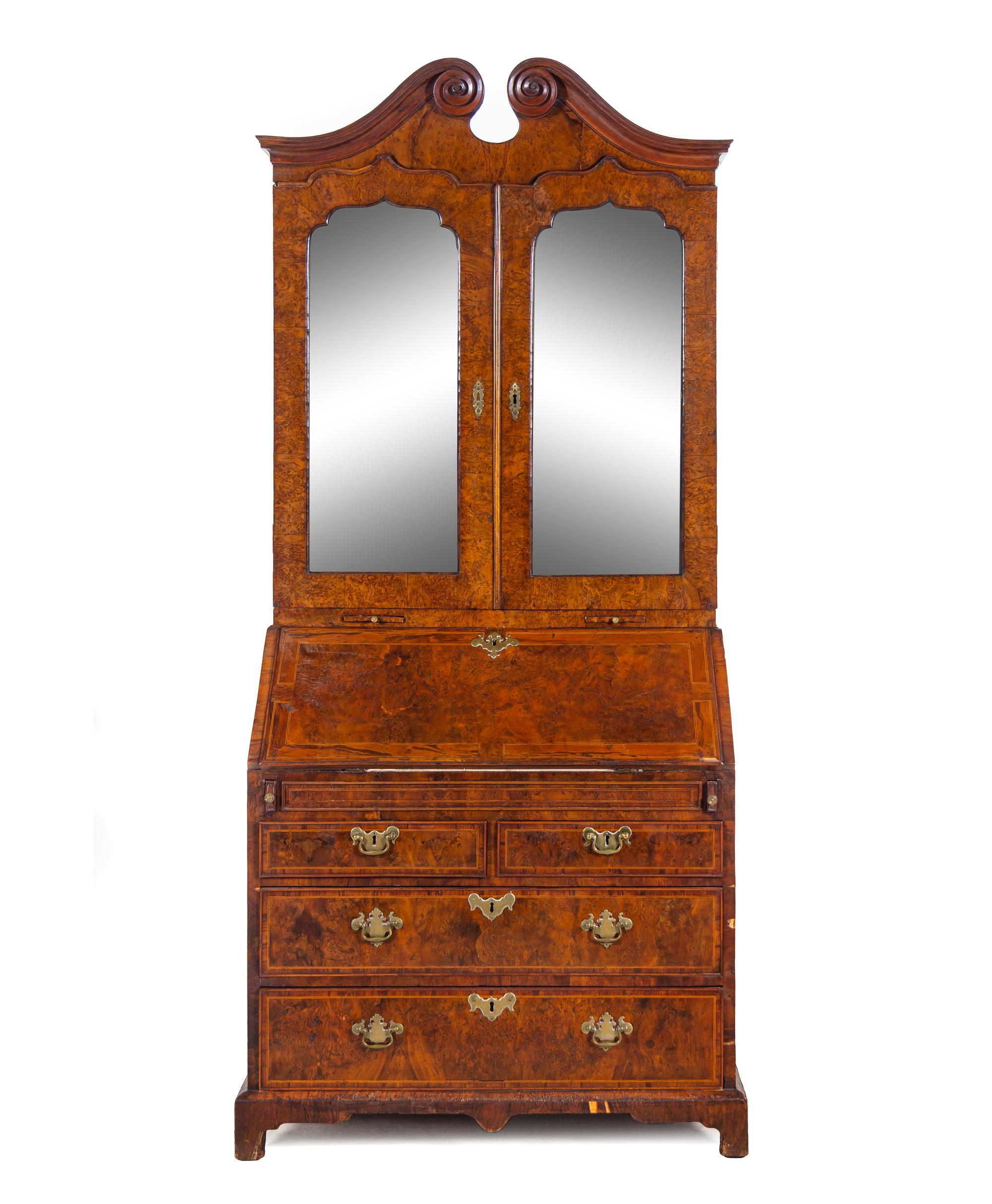 A George I Burr Yew Wood Secretary Bookcase