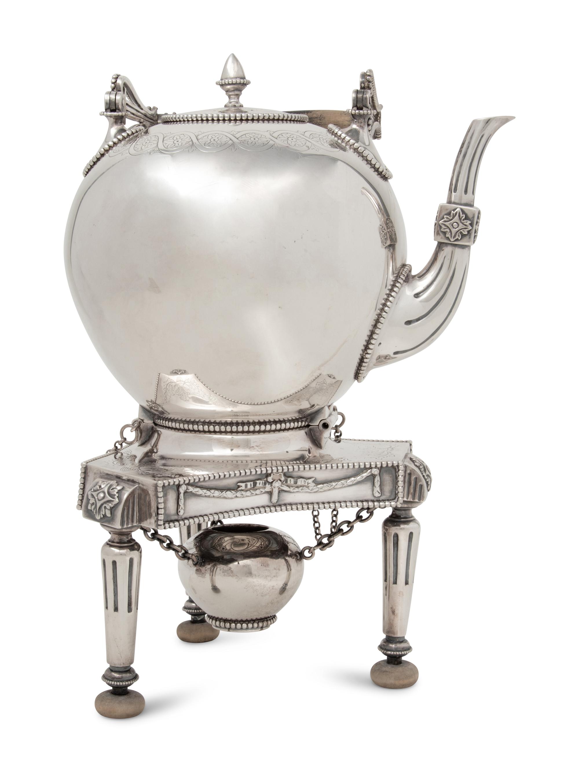 A Dutch Silver Water Kettle on Stand