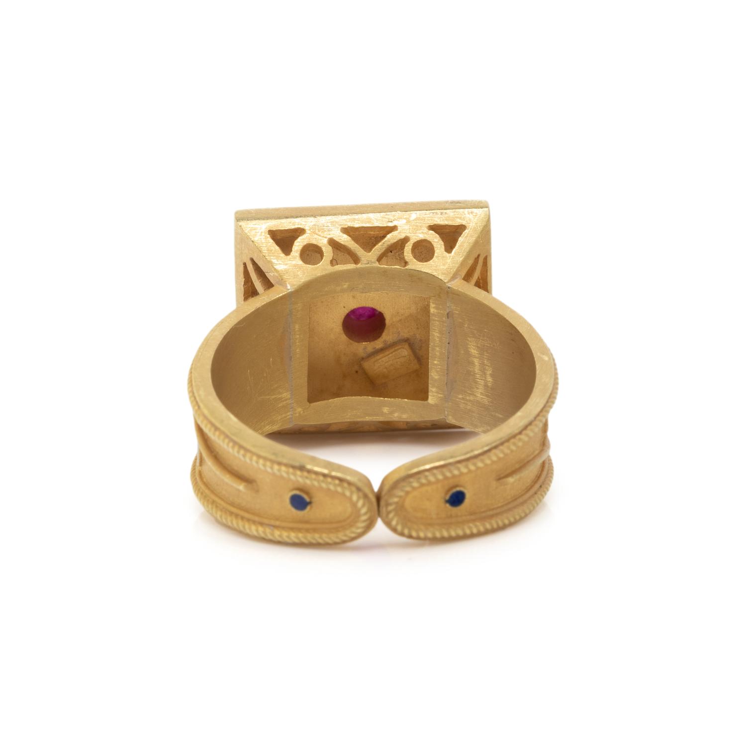 YELLOW GOLD, RUBY, AND ENAMEL RING