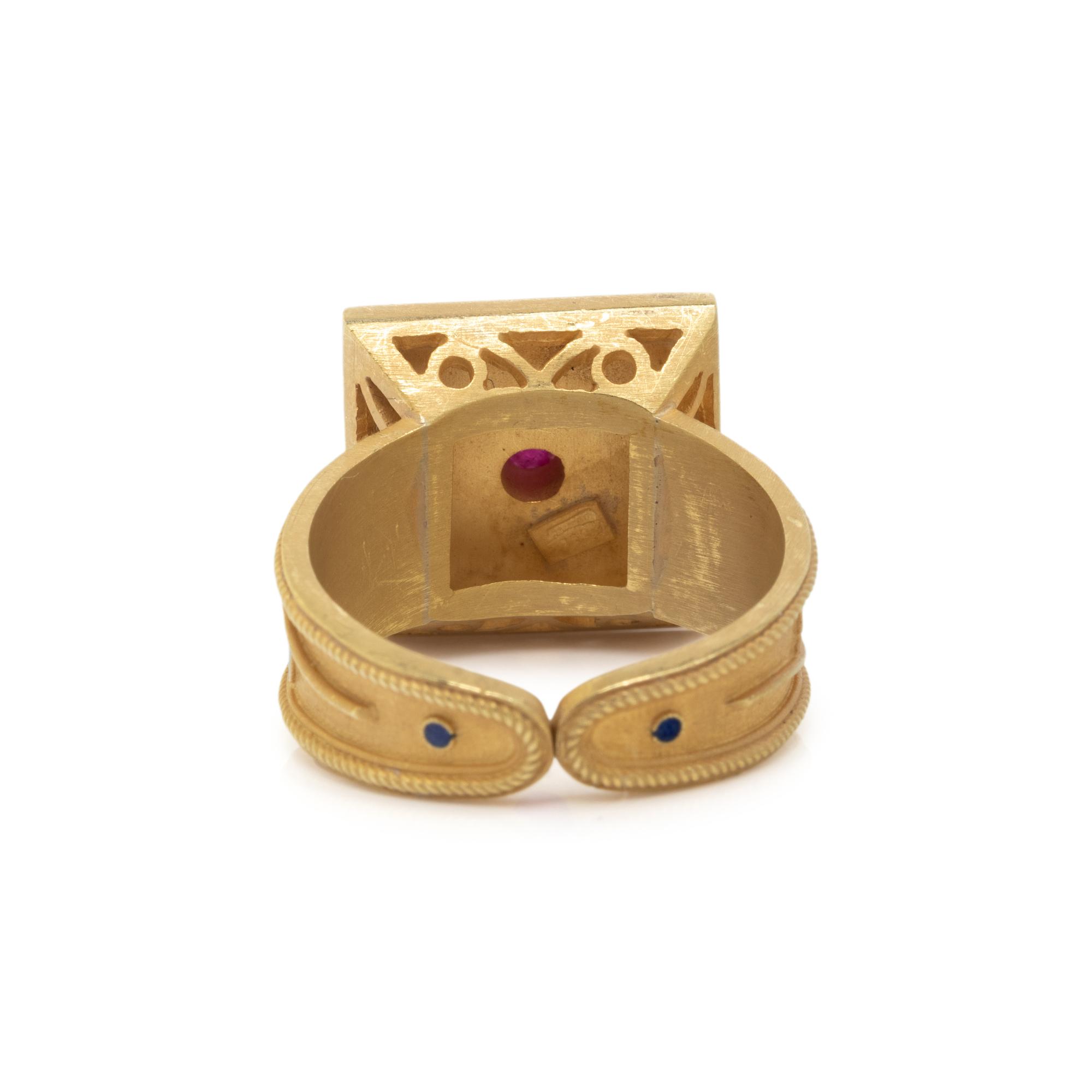 YELLOW GOLD, RUBY, AND ENAMEL RING
