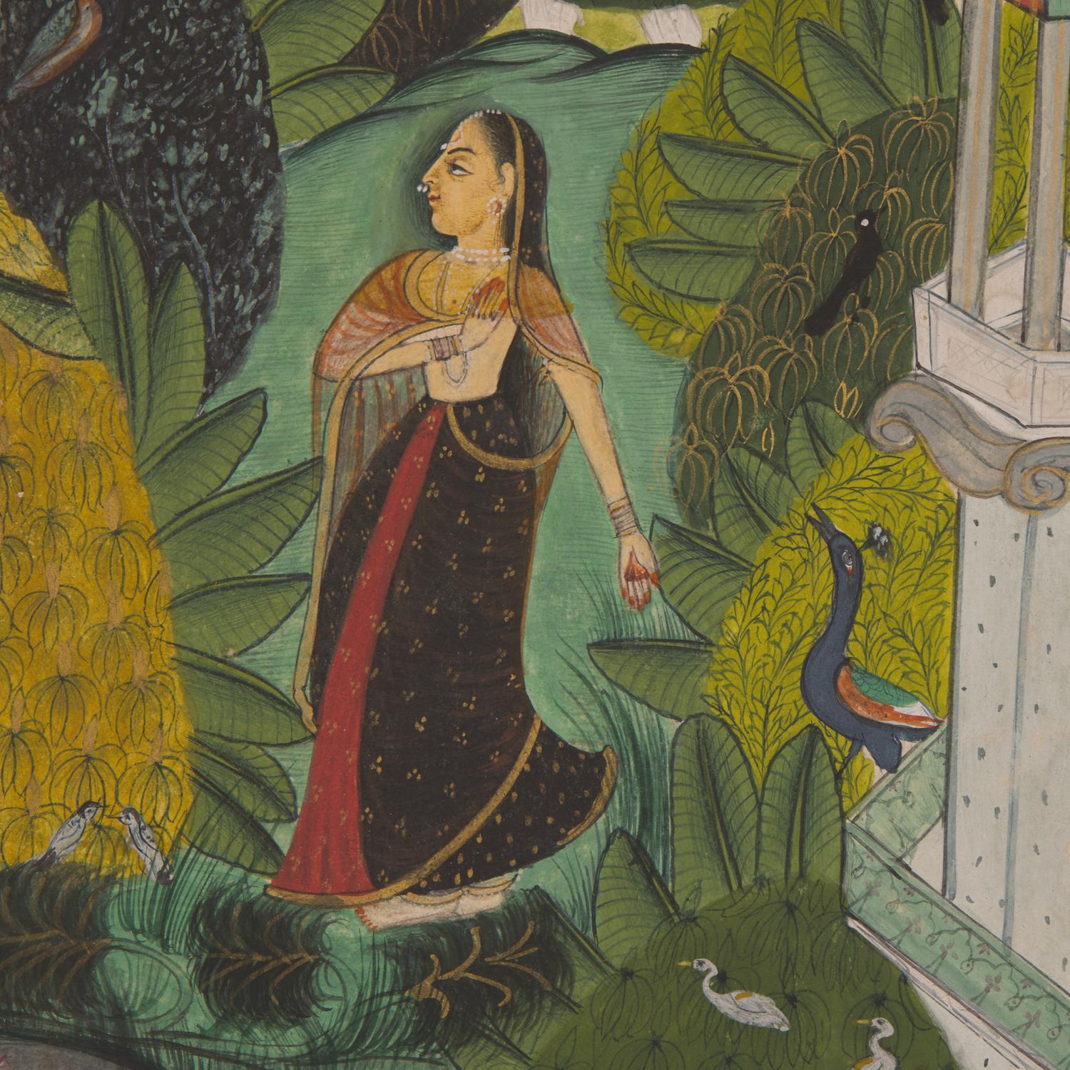 A Painting of Radha and Krishna Standing on a Projecting Balcony and A Painting of Radha and Krishna Seated Under a Dome, Probably Udaipur or Jaipur, India, 20th Century