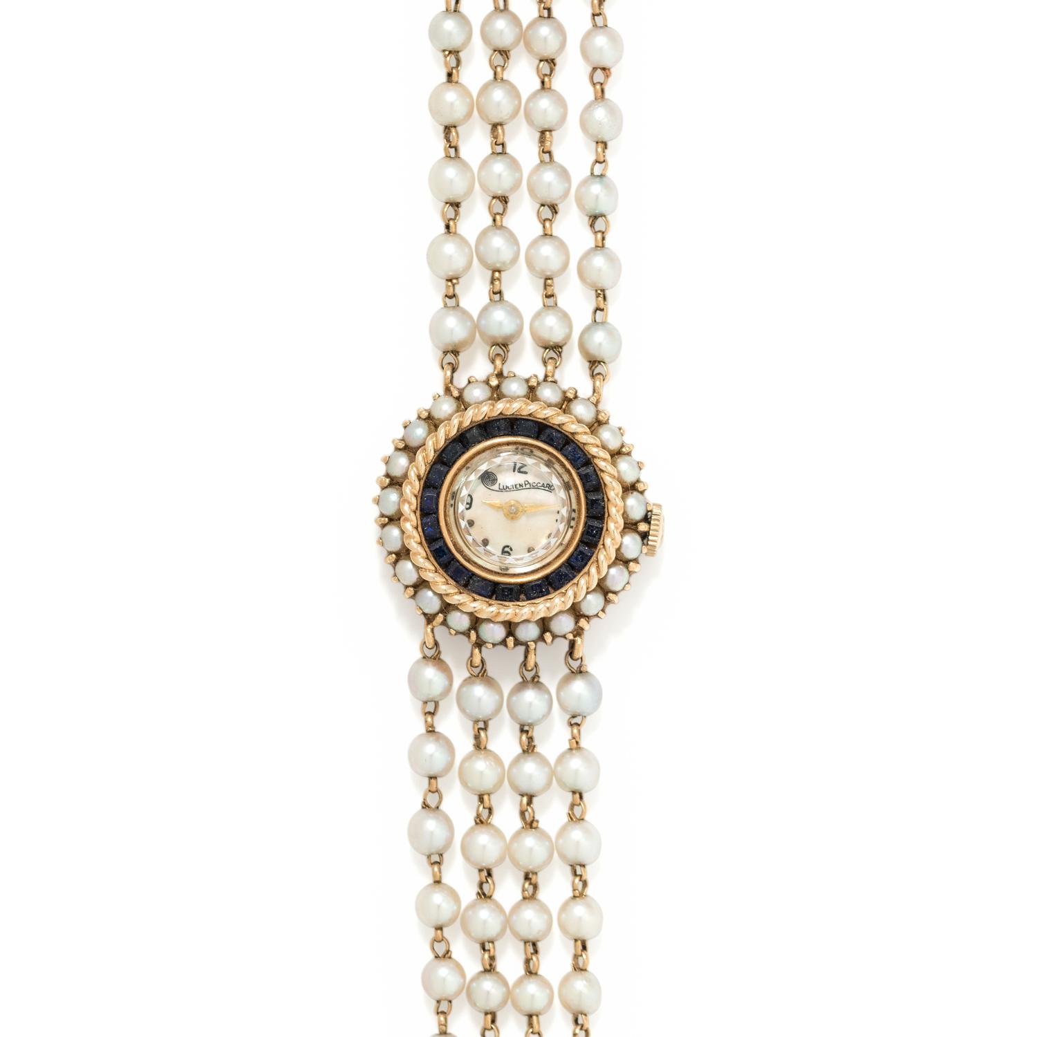 LUCIEN PICCARD, 14K YELLOW GOLD AND CULTURED PEARL WRISTWATCH