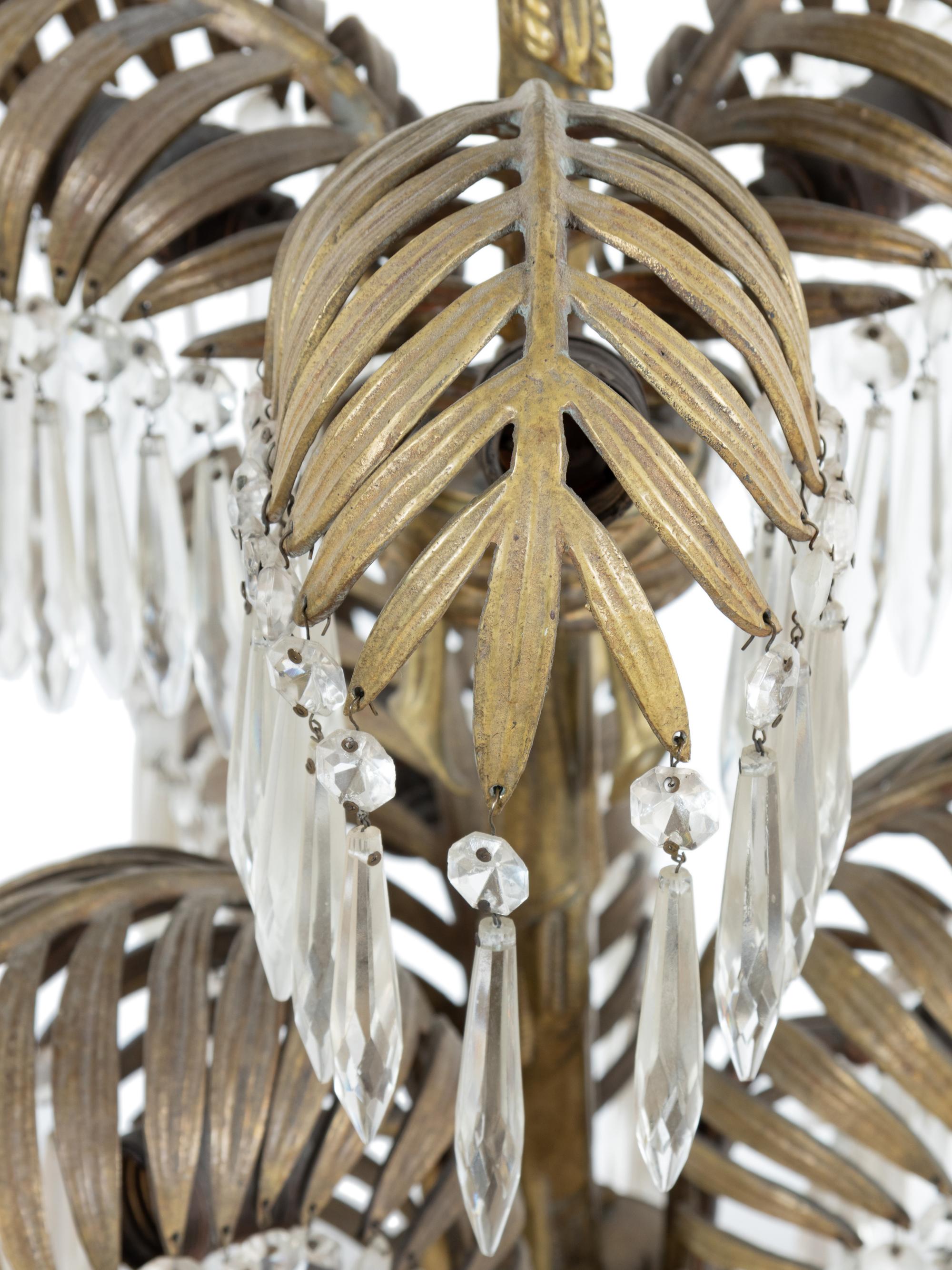 A Neoclassical Brass and Cut-Glass Six-Light Palm-Leaf Ceiling Fixture