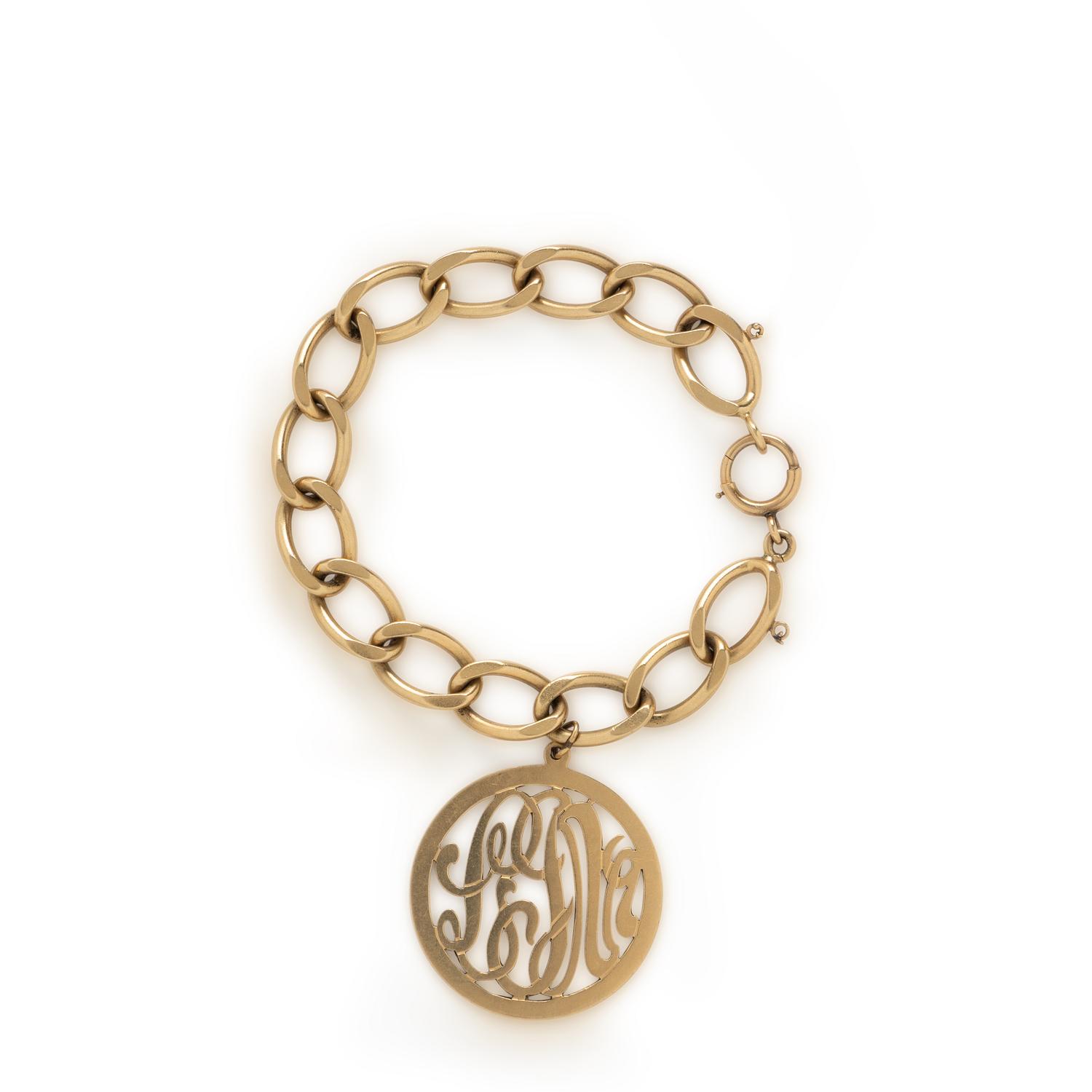 Yellow Gold Chain Bracelet with Monogram Charm