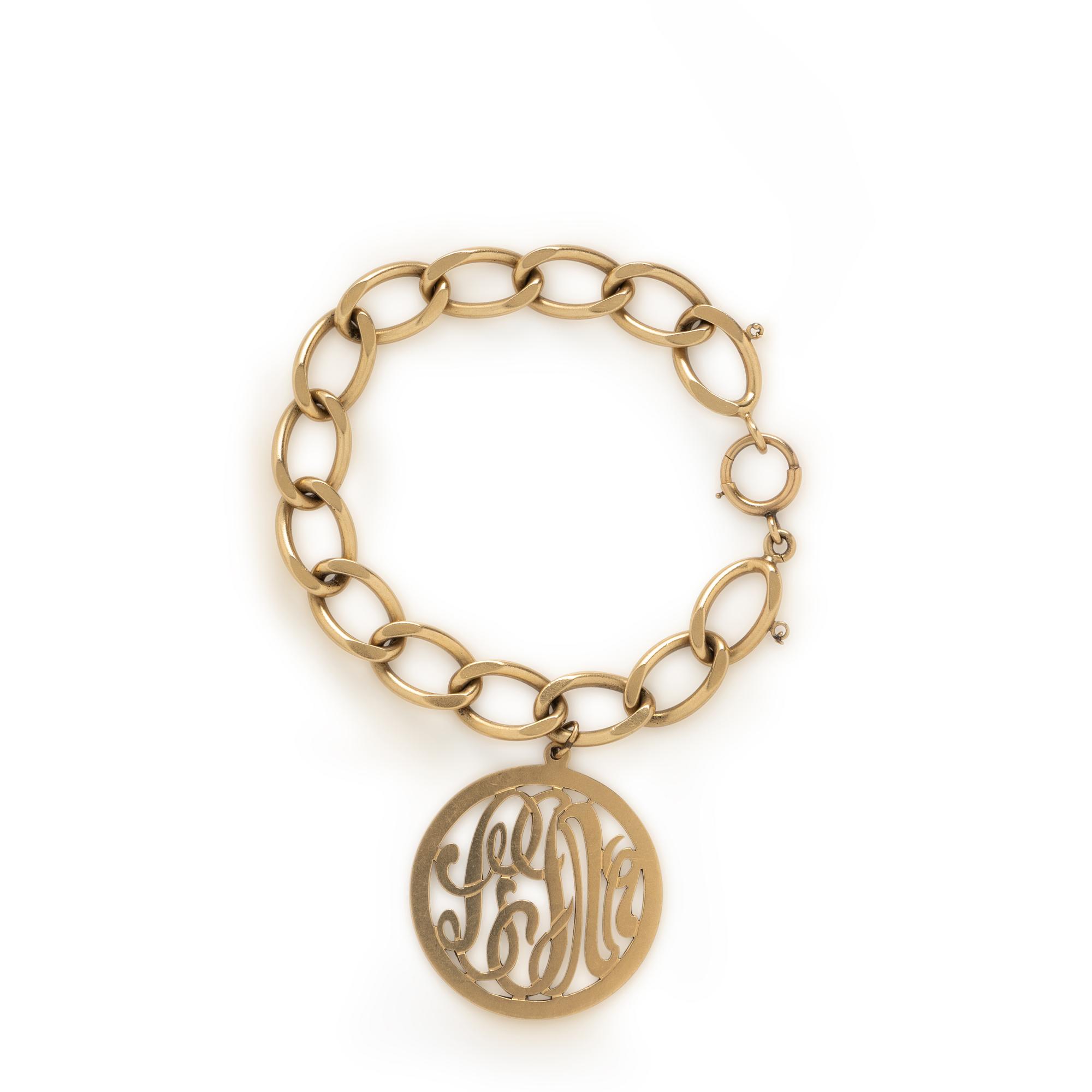 Yellow Gold Chain Bracelet with Monogram Charm