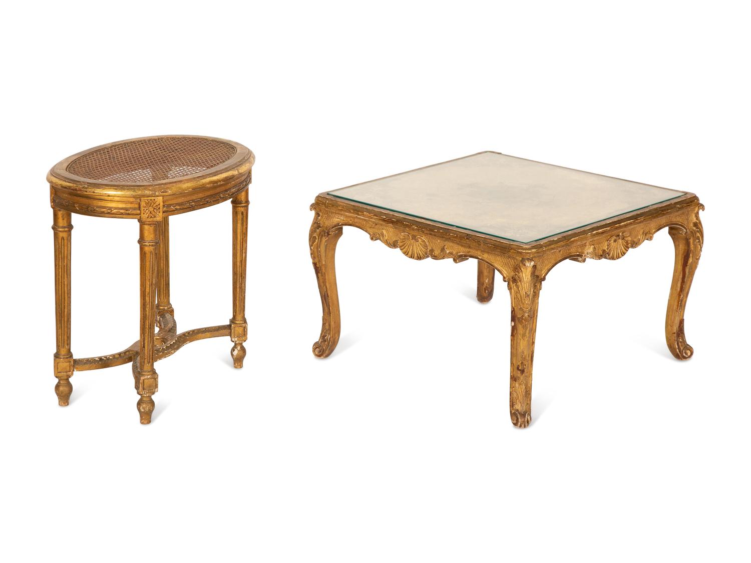 A Louis XVI Style Cane-Top Oval Table and a Louis XV Style Giltwood Square Table
