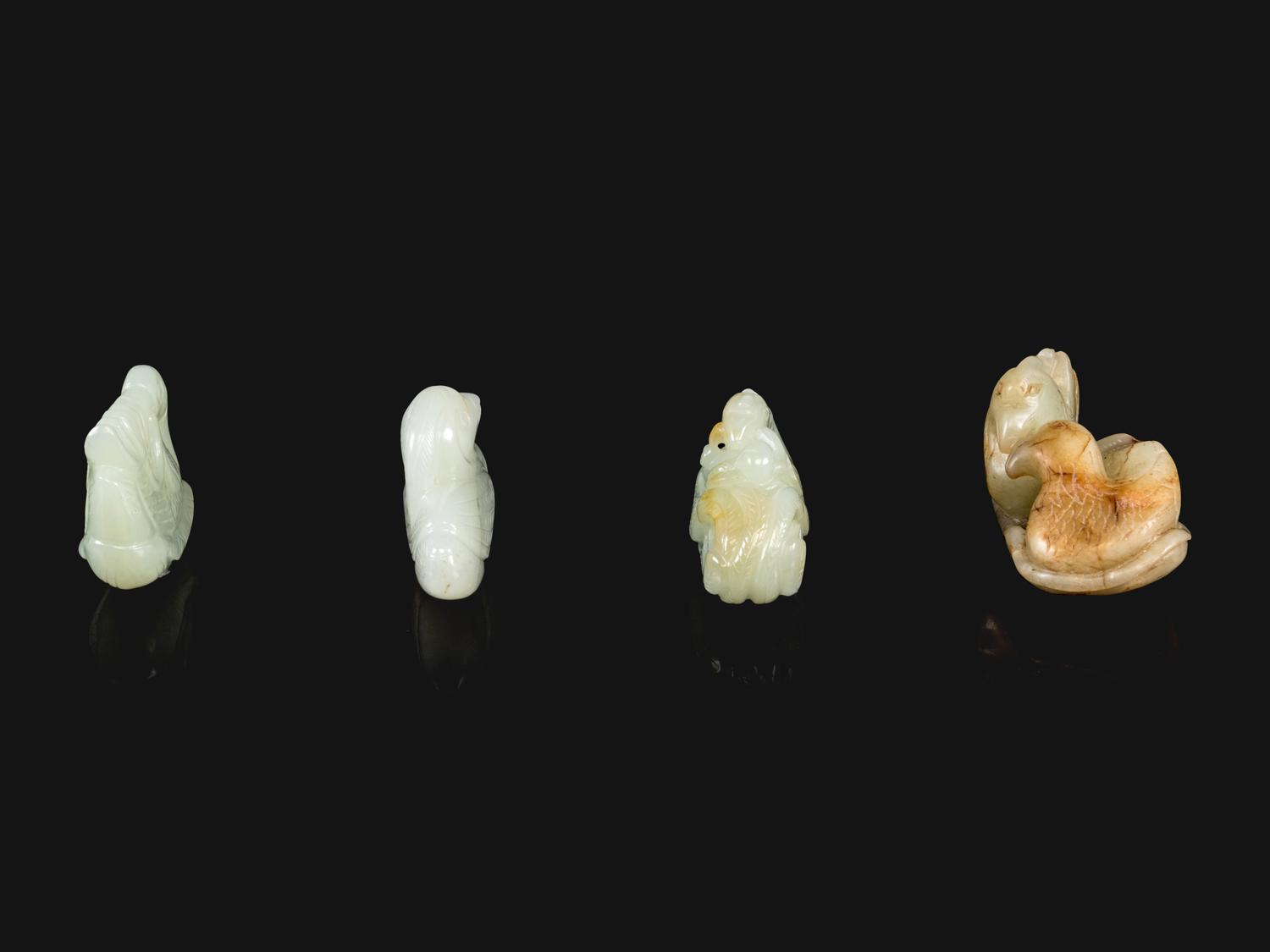 Four White and Celadon Jade Figures of Mandarin Duck