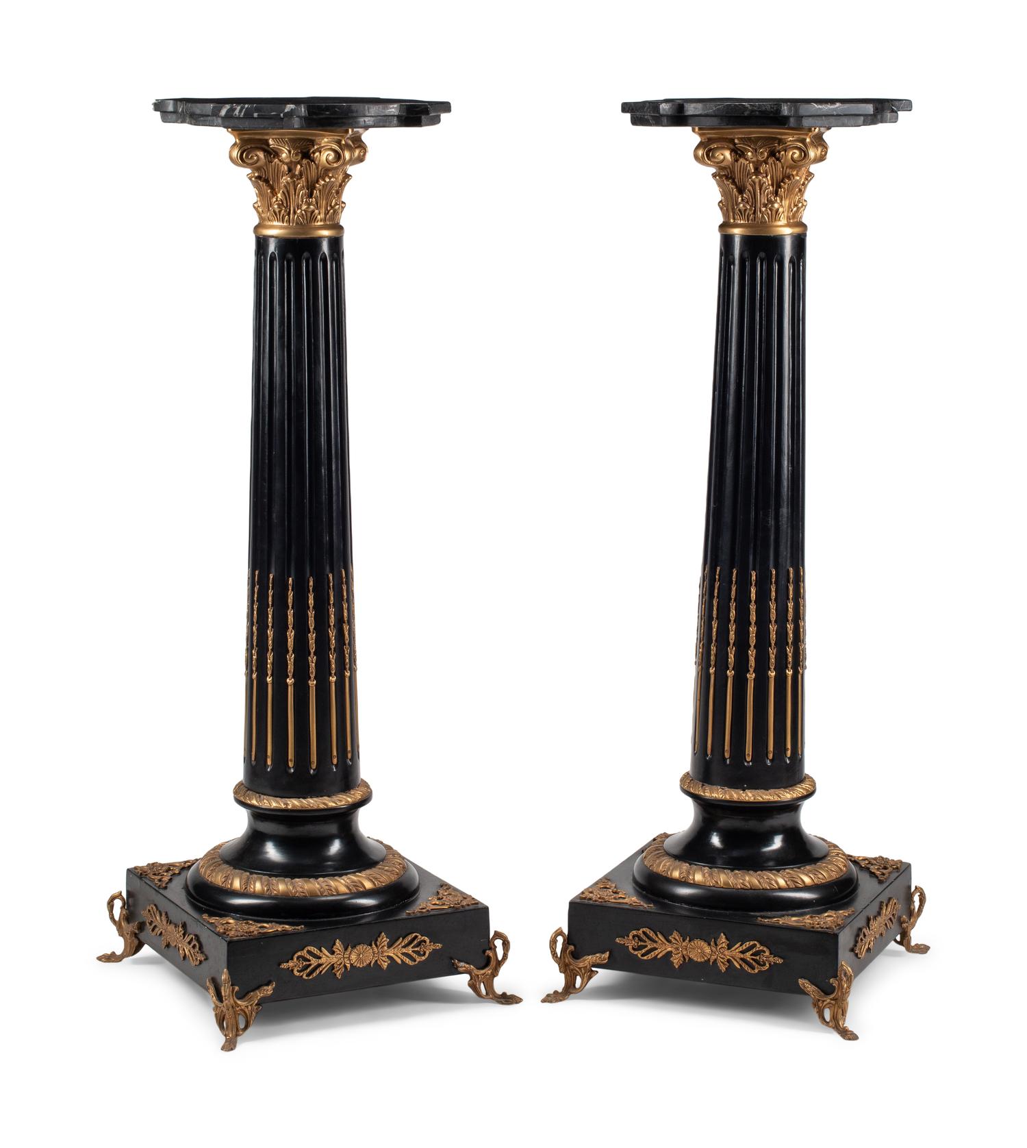 A Pair of Continental Painted and Parcel Gilt Marble-Top Pedestals