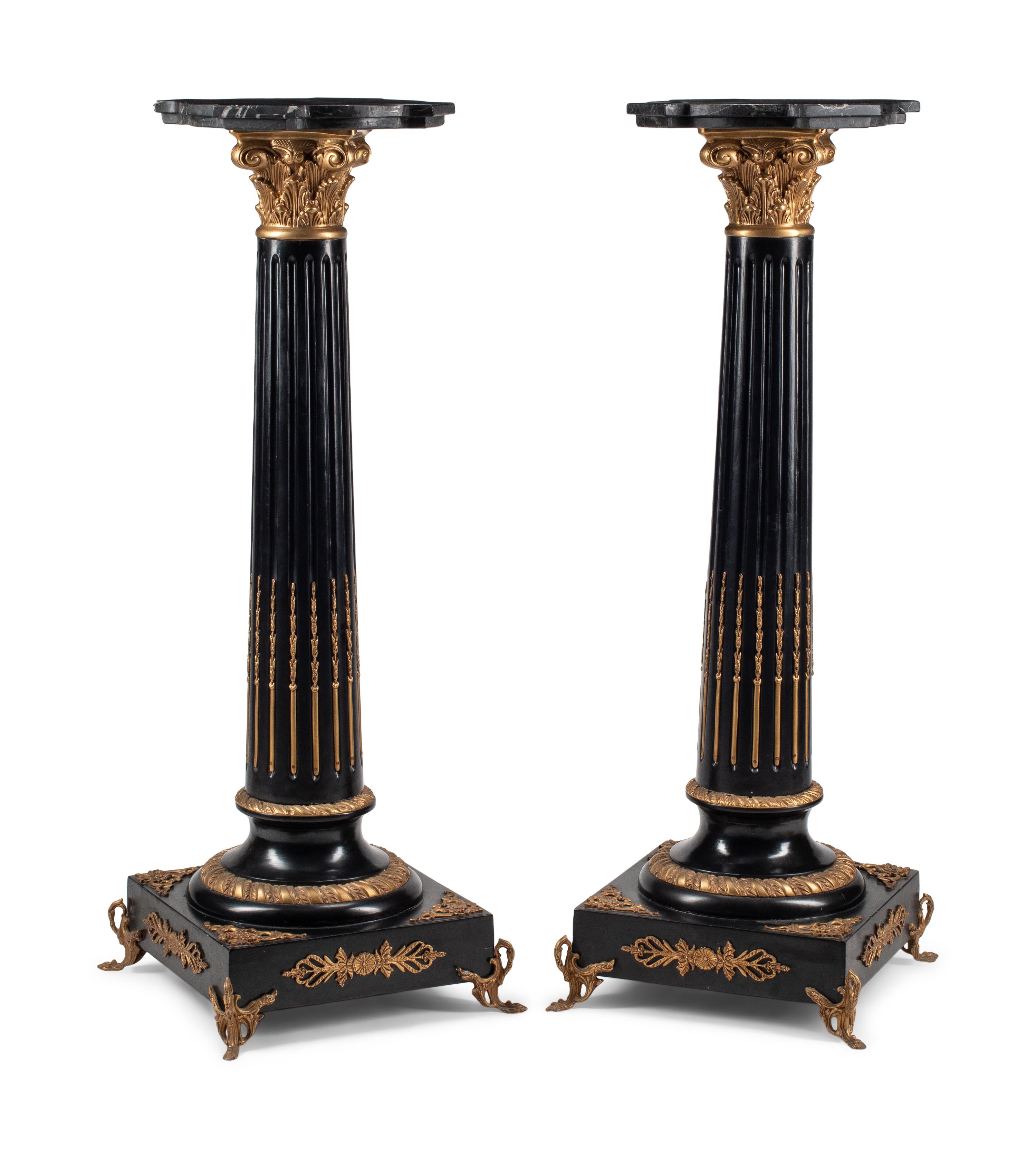 A Pair of Continental Painted and Parcel Gilt Marble-Top Pedestals