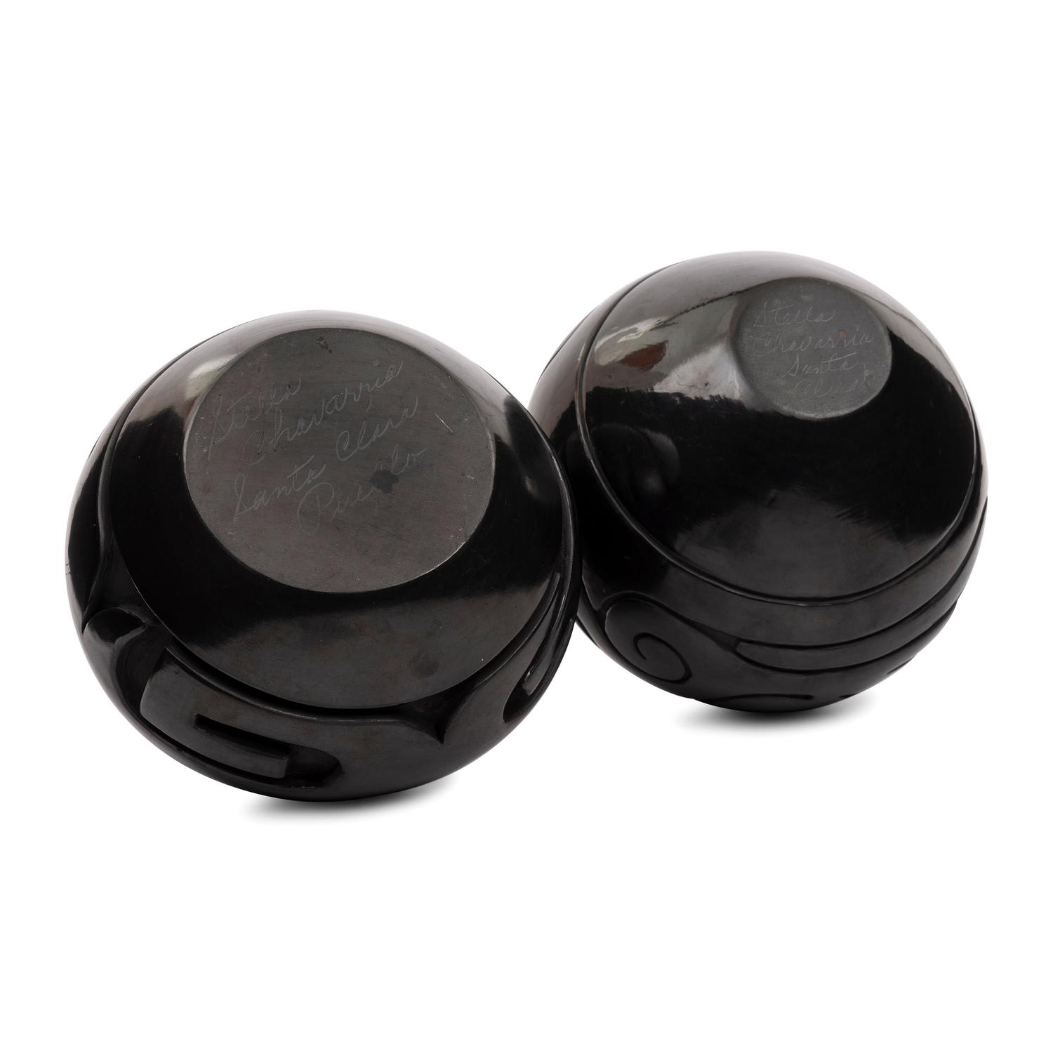 Carved Blackware Jars, one with Avanyu