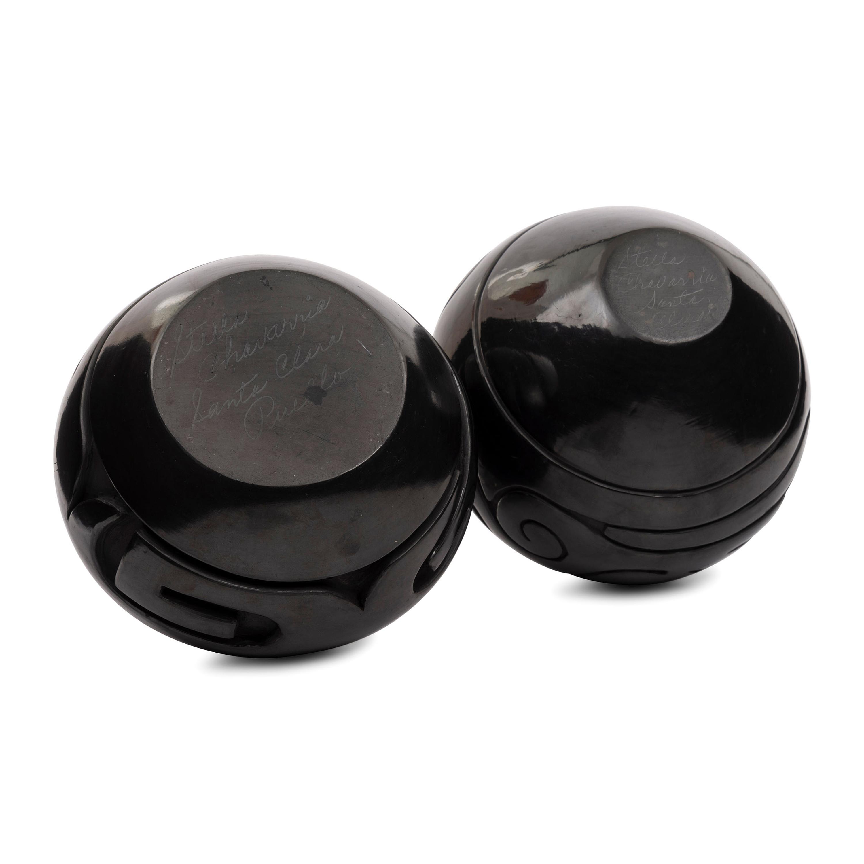 Carved Blackware Jars, one with Avanyu