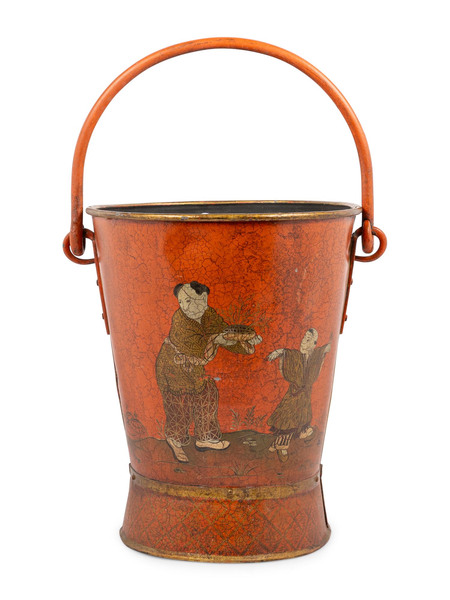 A Red and Gilt Chinoiserie Decorated Tole Coal Scuttle