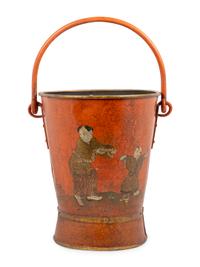 A Red and Gilt Chinoiserie Decorated Tole Coal Scuttle