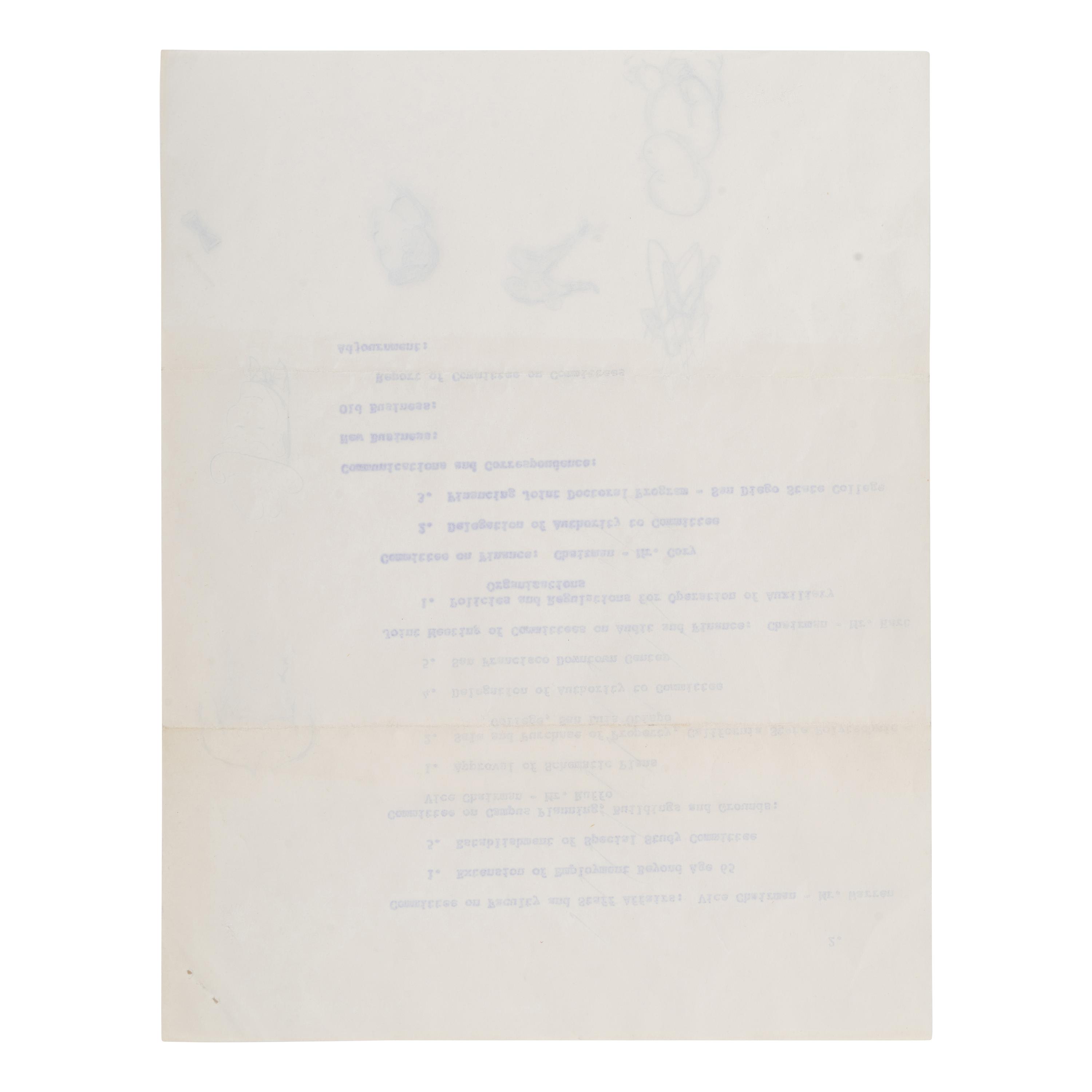 Reagan, Ronald (1911-2004). Autograph doodles on a mimeographed agenda for a meeting of the Trustees of the California State Colleges. San Luis Obispo, California, 26 March 1969.