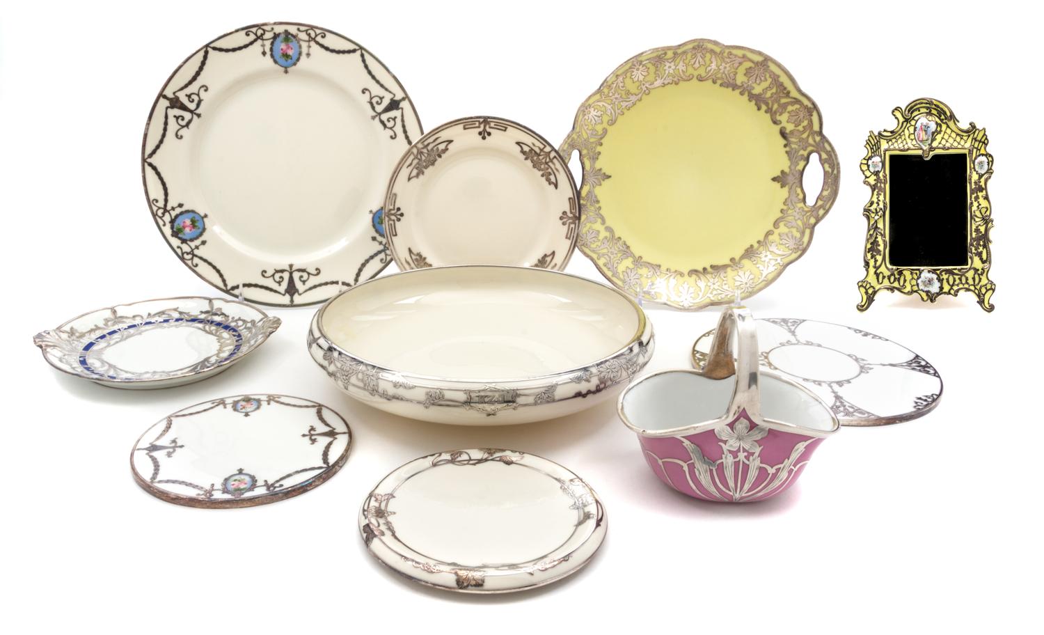 A Group of Silver Overlay Porcelain Articles Diameter of widest 10 1/2 inches.
