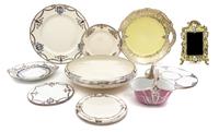A Group of Silver Overlay Porcelain Articles Diameter of widest 10 1/2 inches.