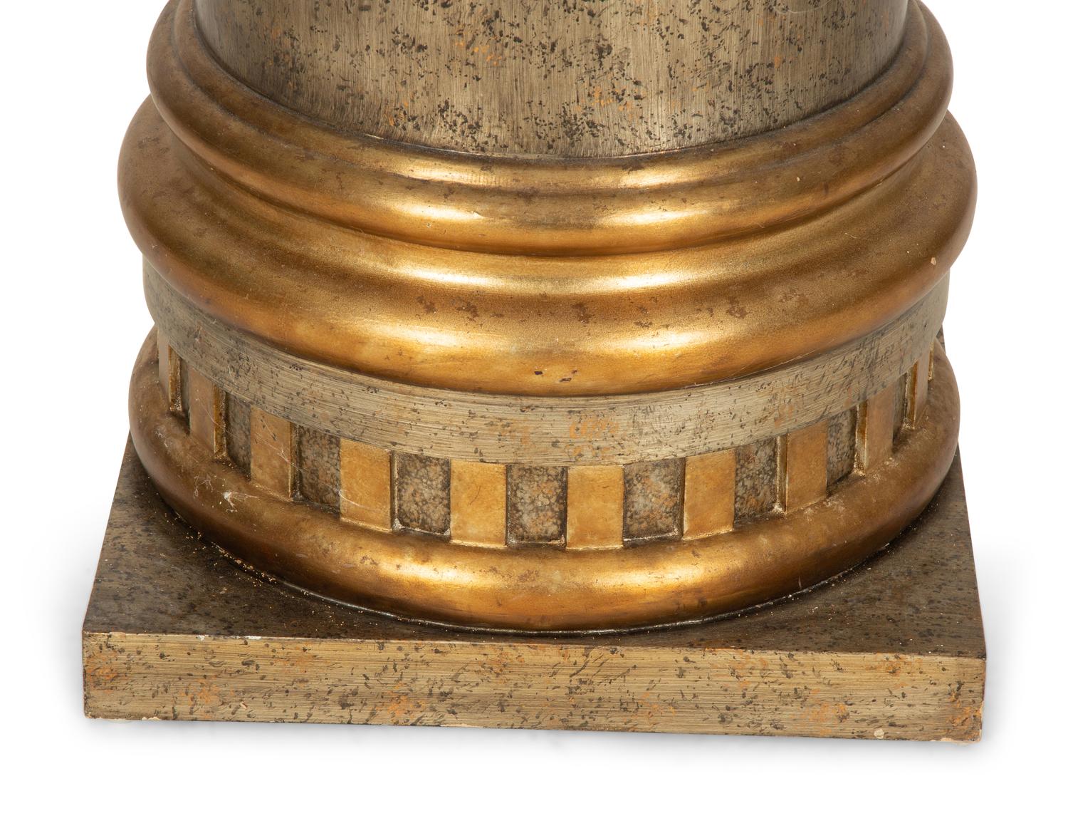 A Contemporary Silvered and Gilt Decorated Wood Urn on Pedestal Base