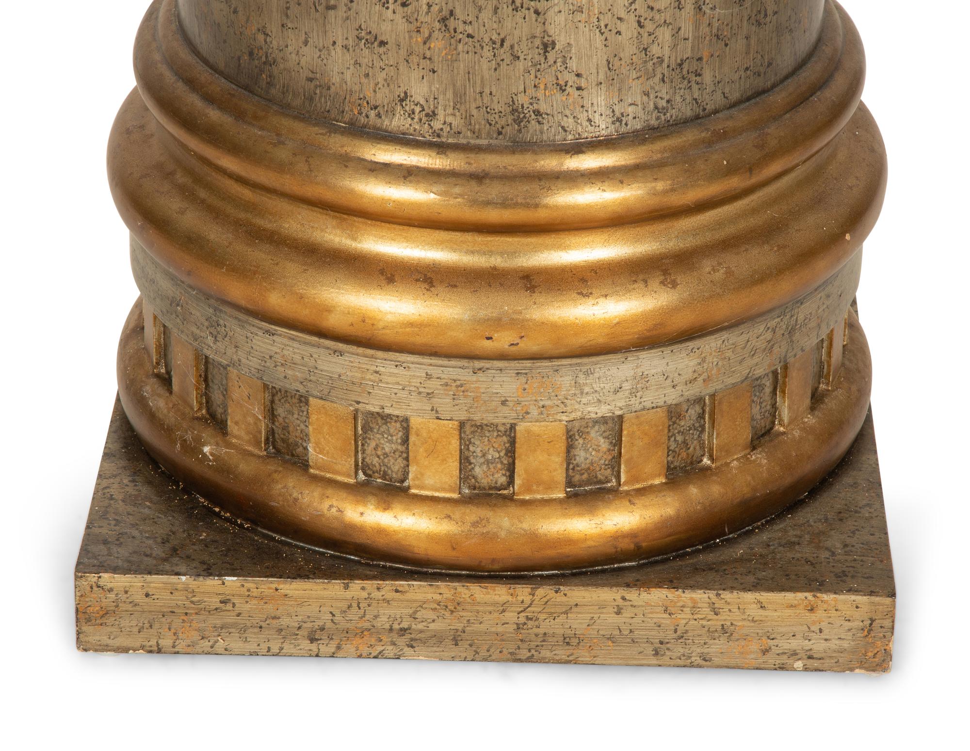 A Contemporary Silvered and Gilt Decorated Wood Urn on Pedestal Base
