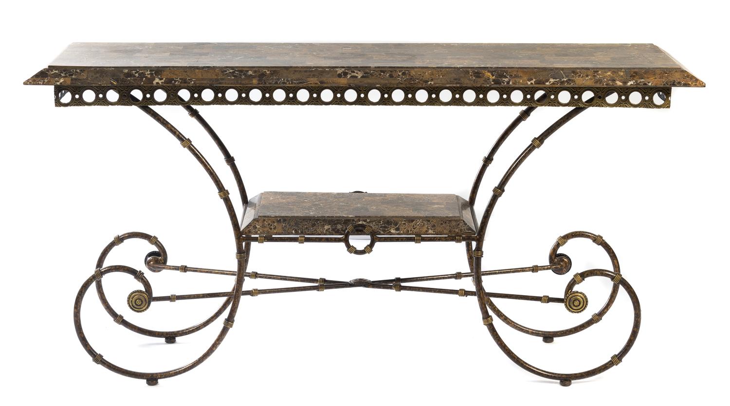 A French Iron and Marble Baker's Table Height 31 x width 62 x depth 20 inches.