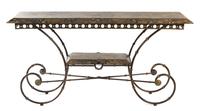 A French Iron and Marble Baker's Table Height 31 x width 62 x depth 20 inches.
