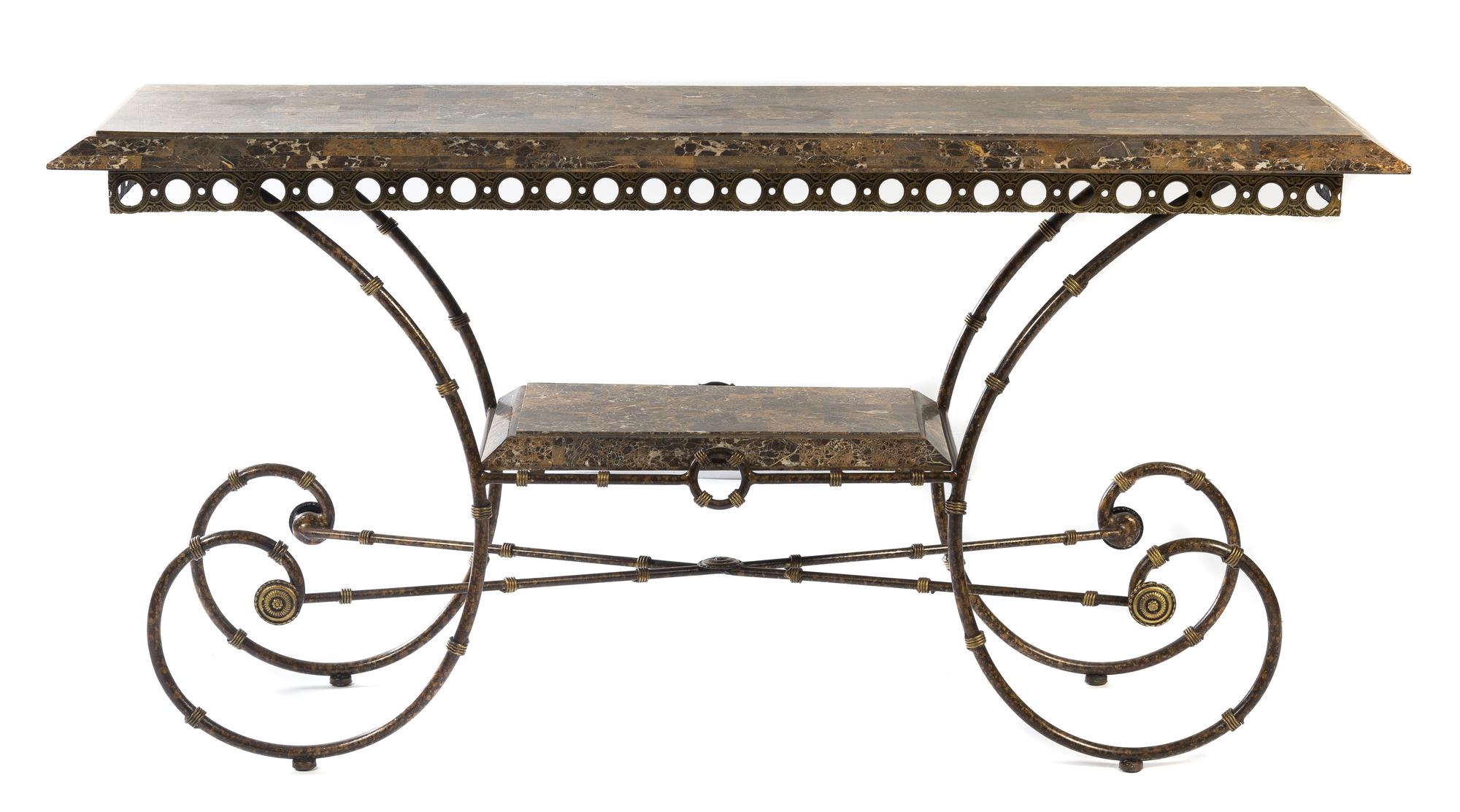 A French Iron and Marble Baker's Table Height 31 x width 62 x depth 20 inches.