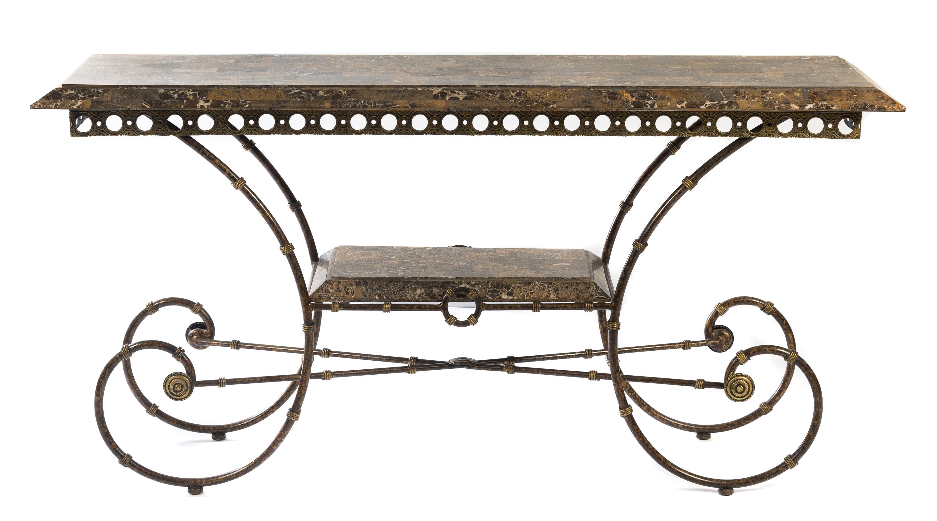 A French Iron and Marble Baker's Table Height 31 x width 62 x depth 20 inches.