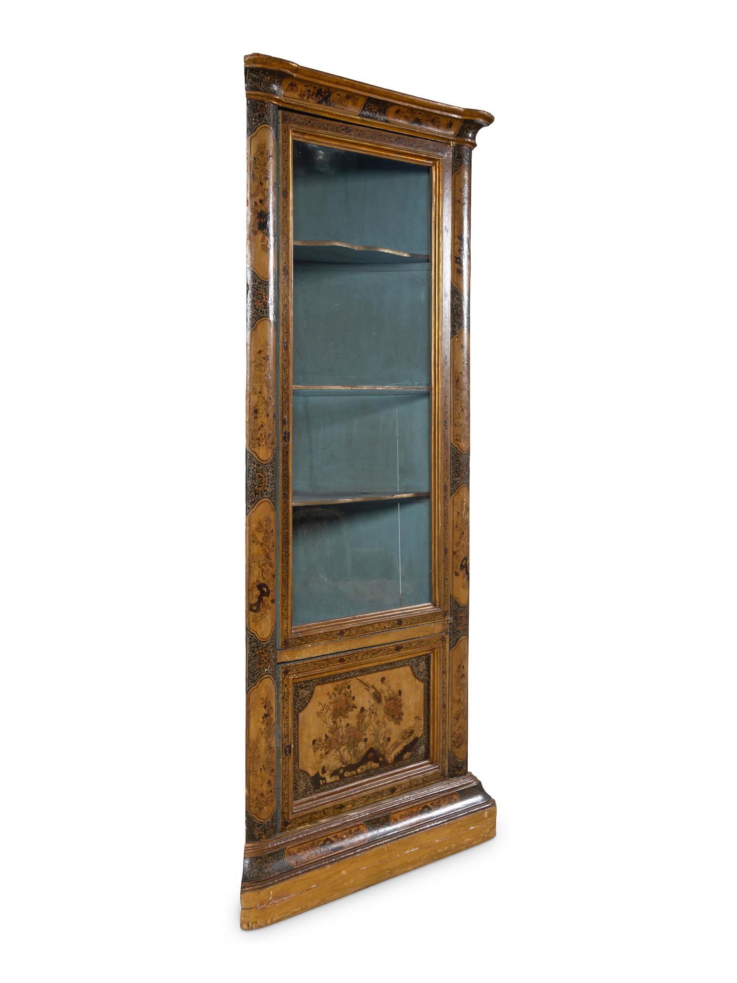 A Pair of Continental Chinoiserie Decorated Corner Cabinets