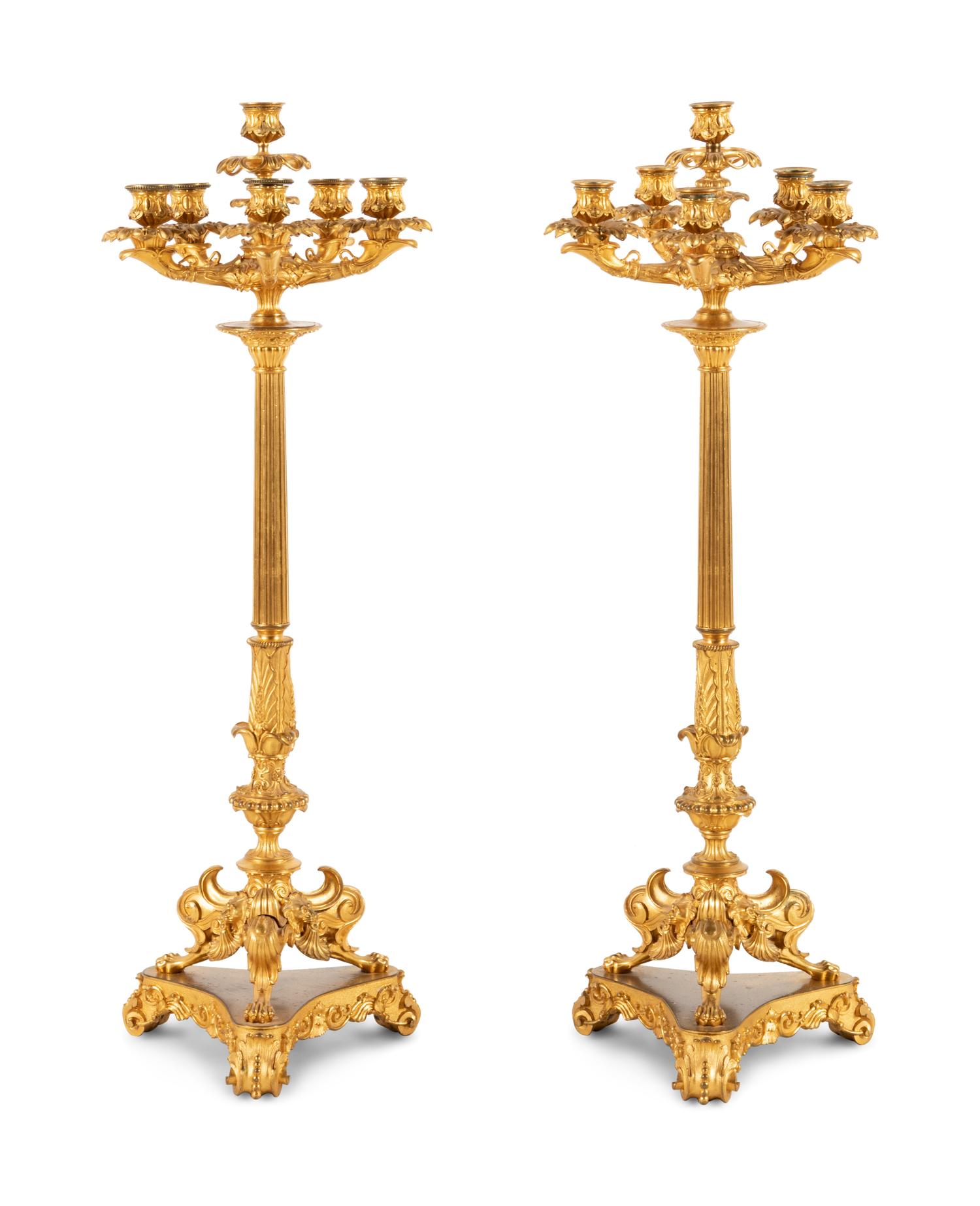 A Pair of Charles X Gilt Bronze Six-Light Candelabra