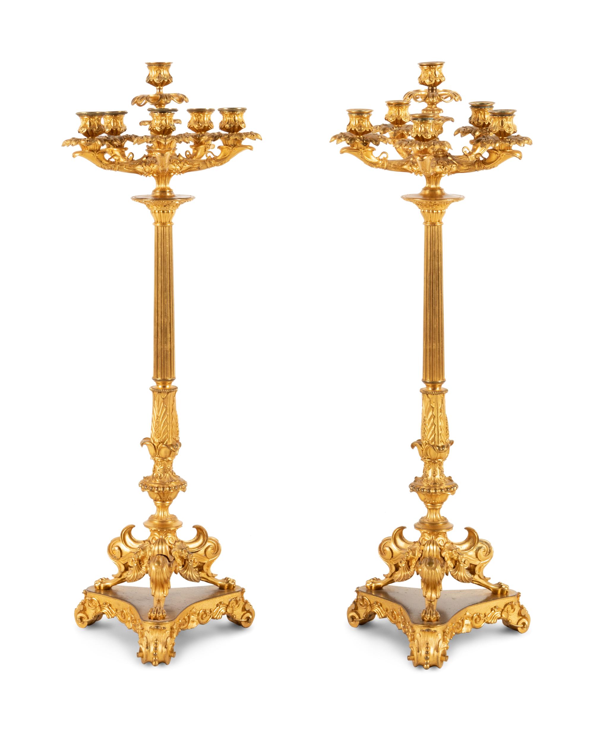 A Pair of Charles X Gilt Bronze Six-Light Candelabra