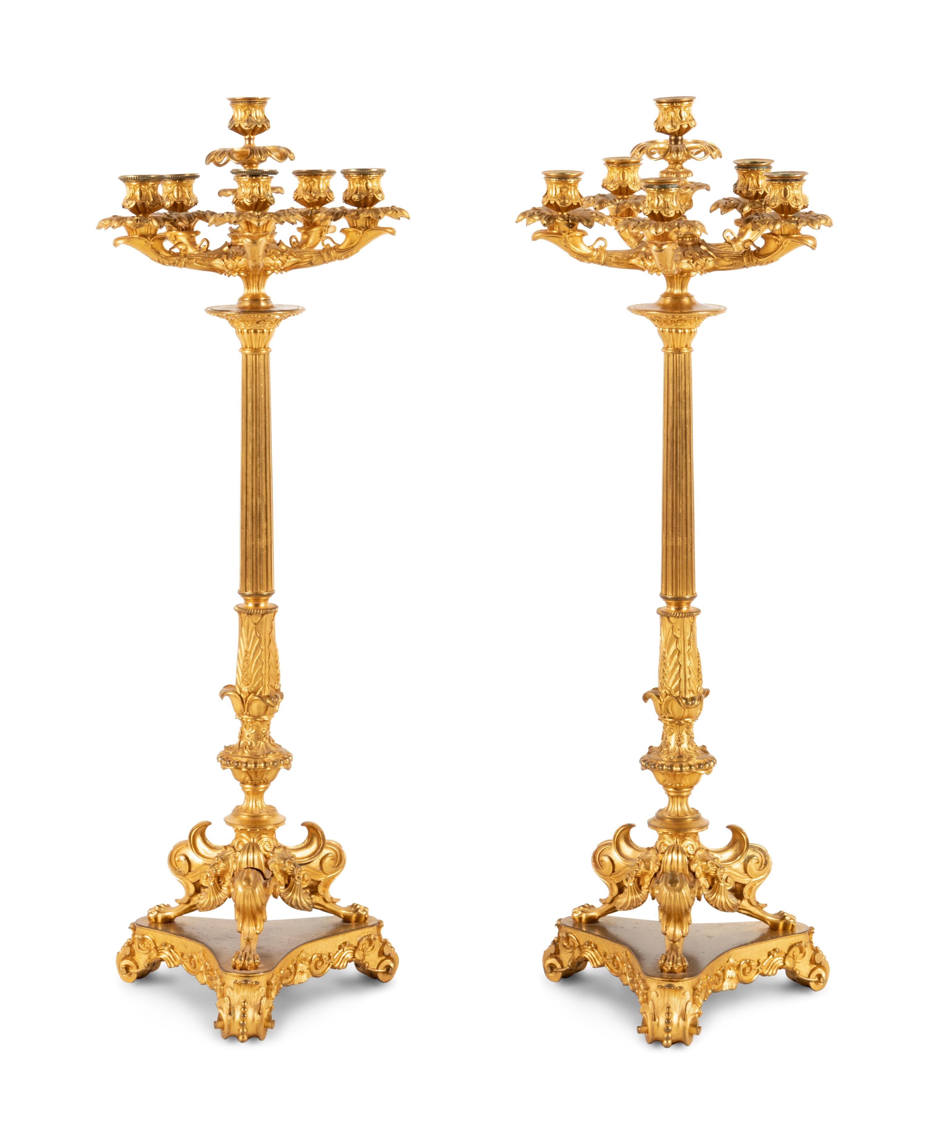 A Pair of Charles X Gilt Bronze Six-Light Candelabra