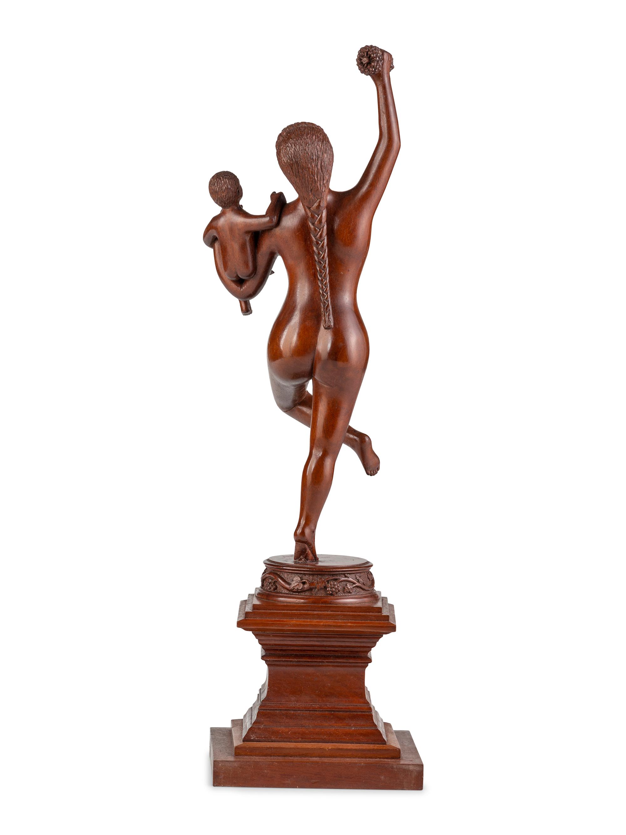 An American Carved Cherrywood Bacchante and Infant Sculpture