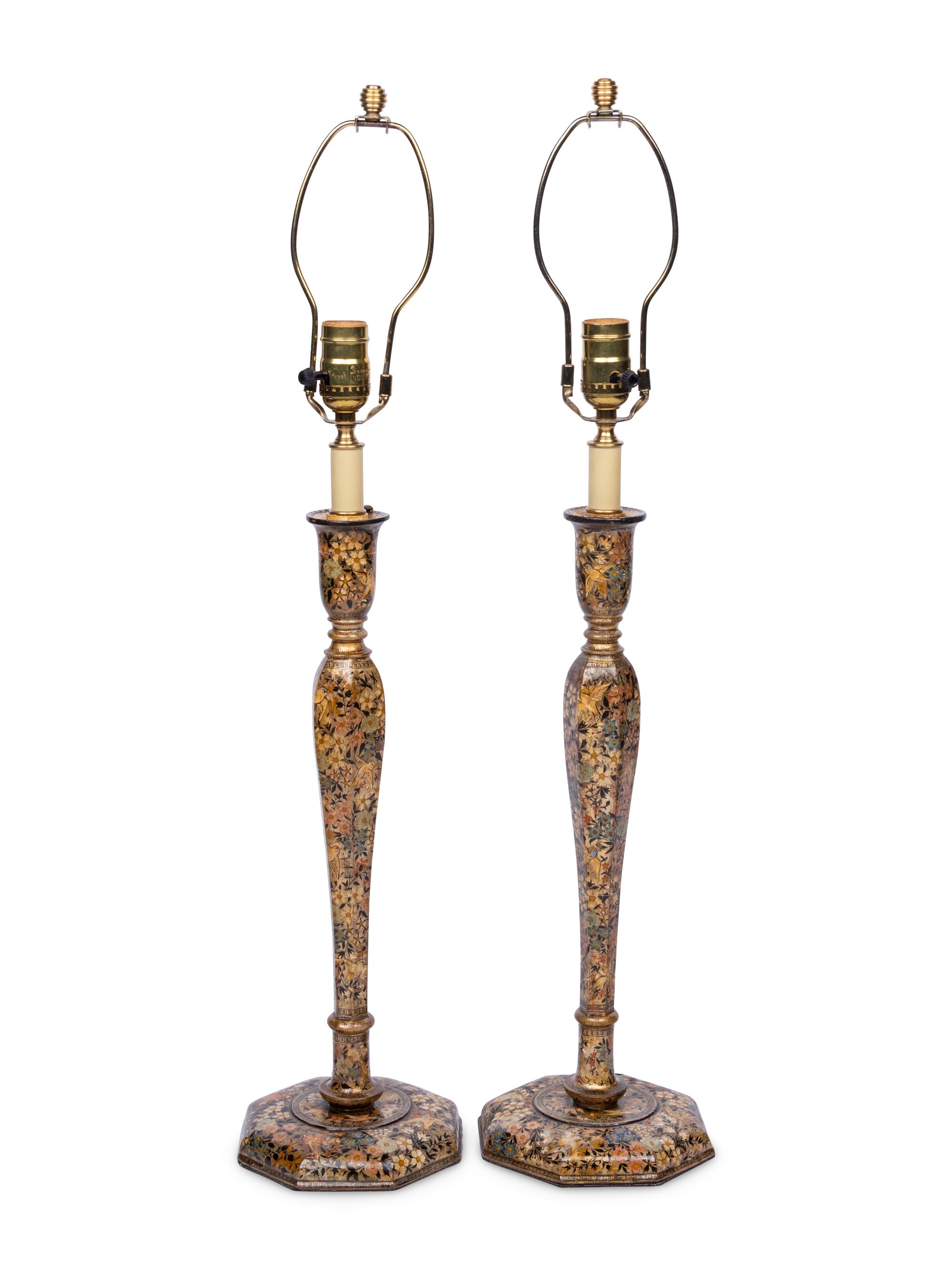A Pair of Polychrome Lacquered Candlesticks Mounted as Lamps