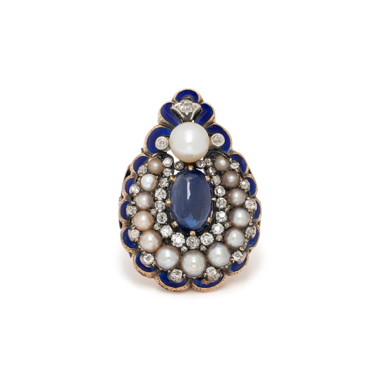 ANTIQUE, SAPPHIRE, DIAMOND, CULTURED PEARL AND ENAMEL RING