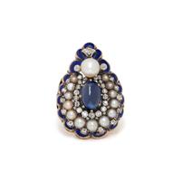 ANTIQUE, SAPPHIRE, DIAMOND, CULTURED PEARL AND ENAMEL RING