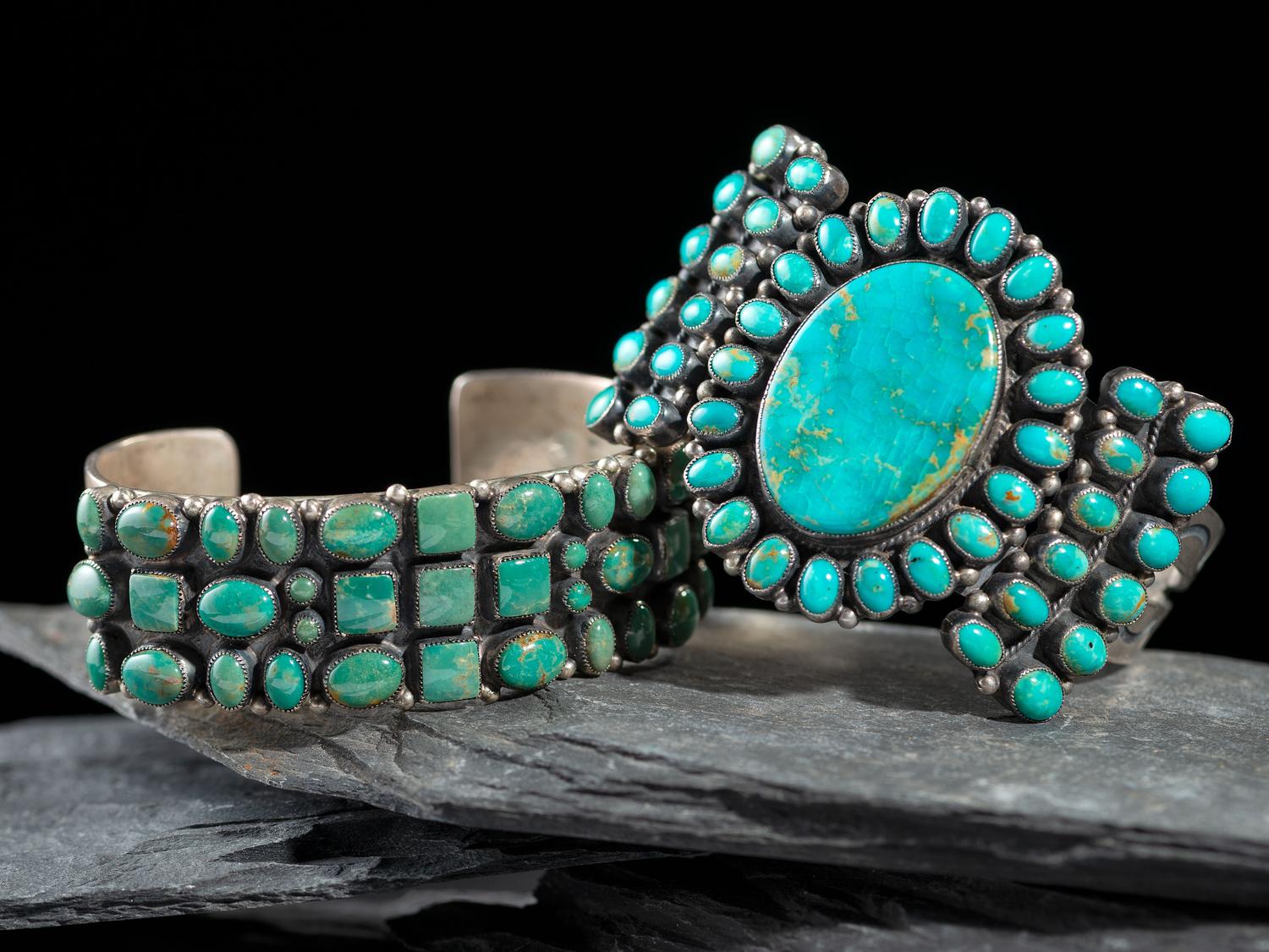 Southwestern-style Sterling Silver and Turquoise Cluster Cuff Bracelets