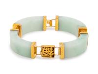 A 14 Karat Yellow Gold, Jade and Cultured Pearl Bracelet,