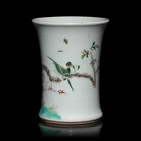 A Small Chinese Famille Verte Brush Pot, Bitong — 五彩花鳥圖小筆筒