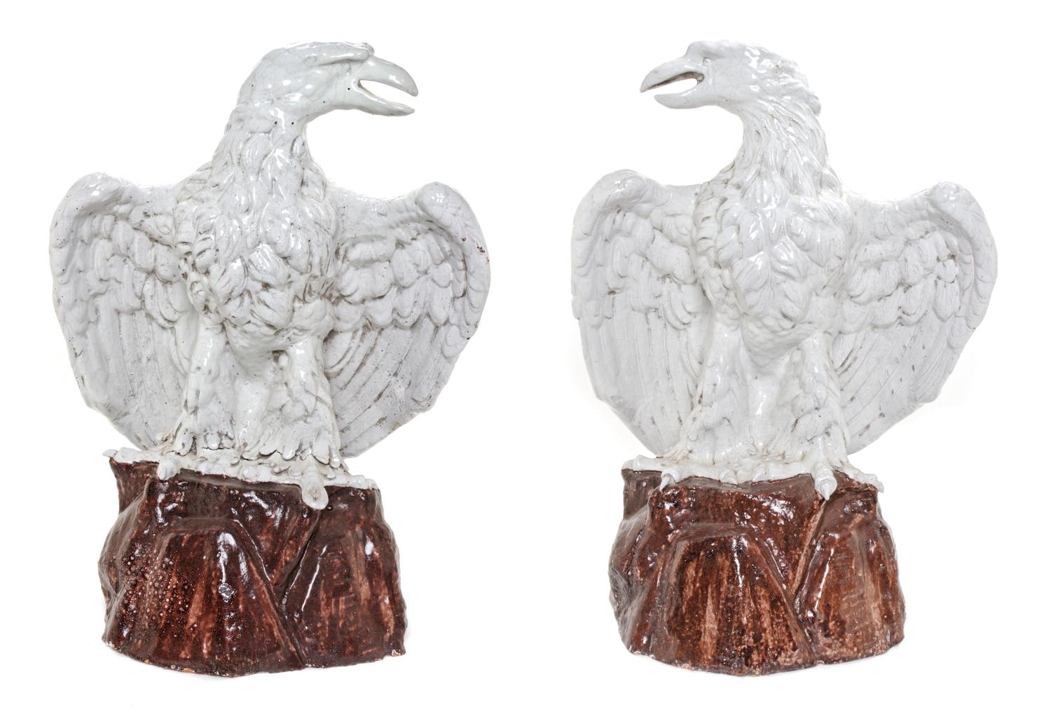 A Pair of Glazed Terra Cotta Ornaments Height 29 1/2 inches.